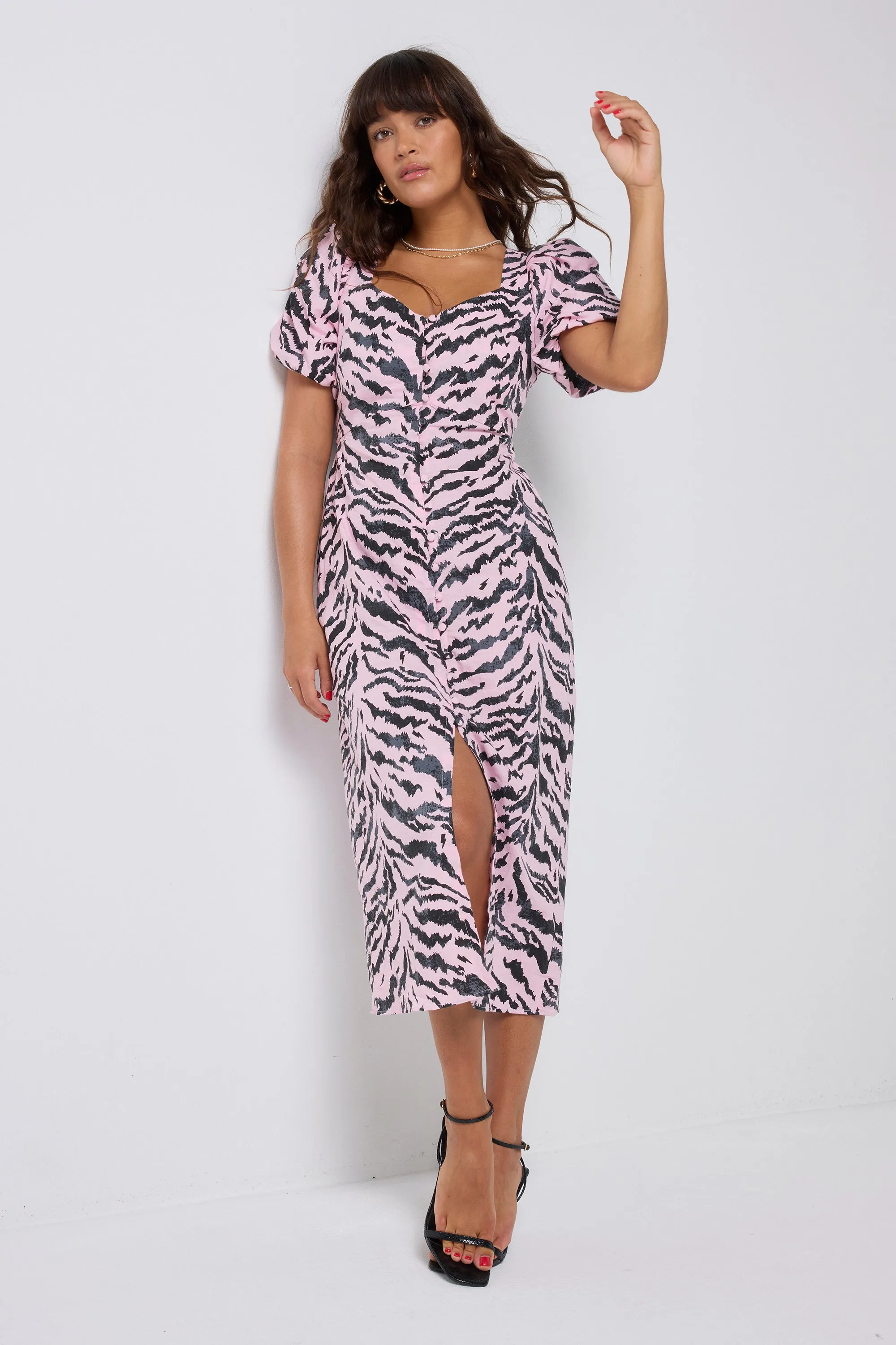 Trend Focused City Ready Pale Pink with Grey Texture Tiger Puff Sleeve Midi Tea Dress