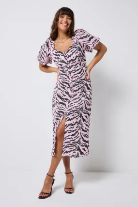 Grass Soft Pale Pink with Grey Texture Tiger Puff Sleeve Midi Tea Dress