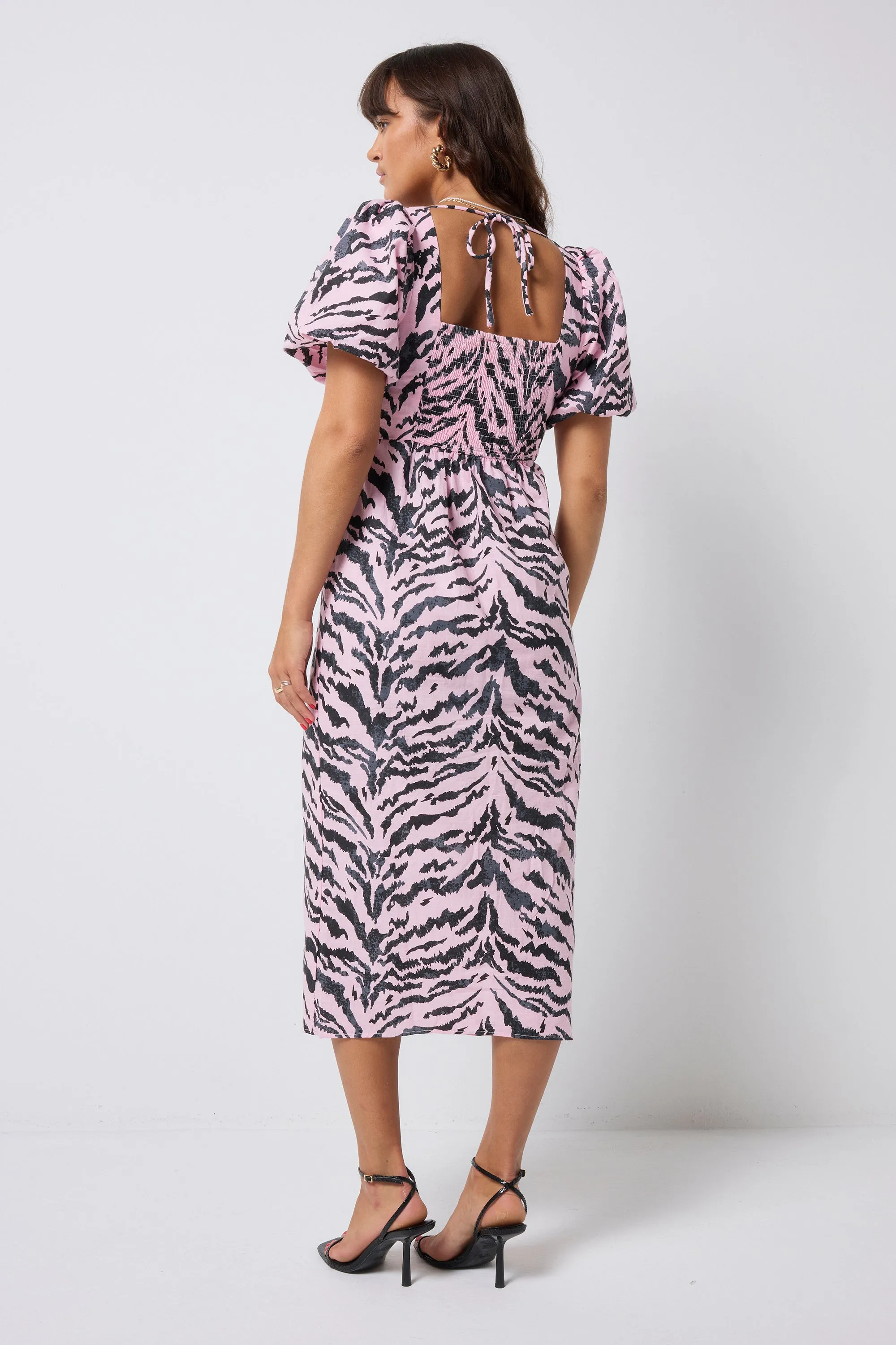 Pale Pink with Grey Texture Tiger Puff Sleeve Midi Tea Dress Flowy Cut