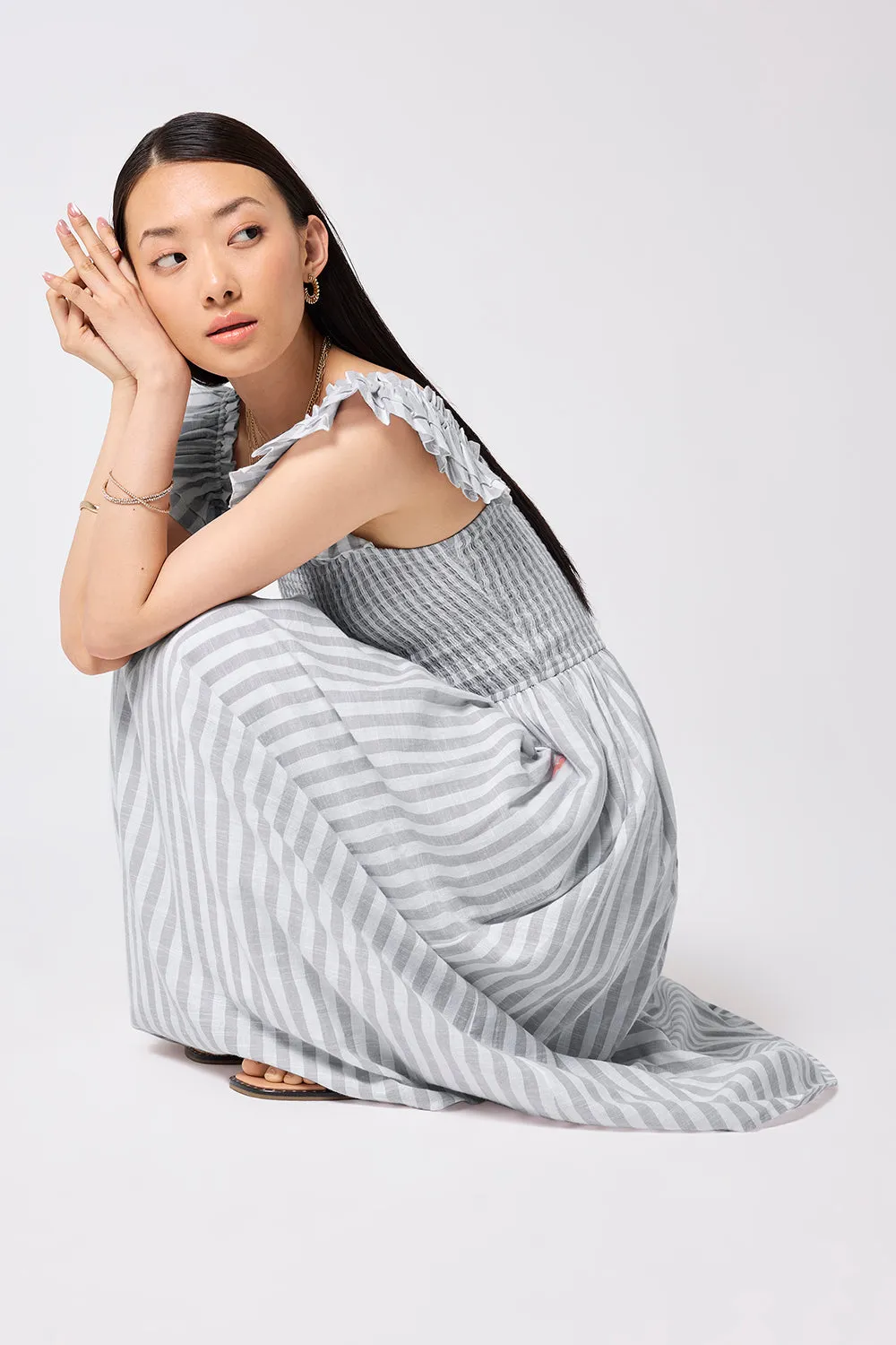 Grey with White Stripe Maxi Sundress Decorative-Design Neutral Form