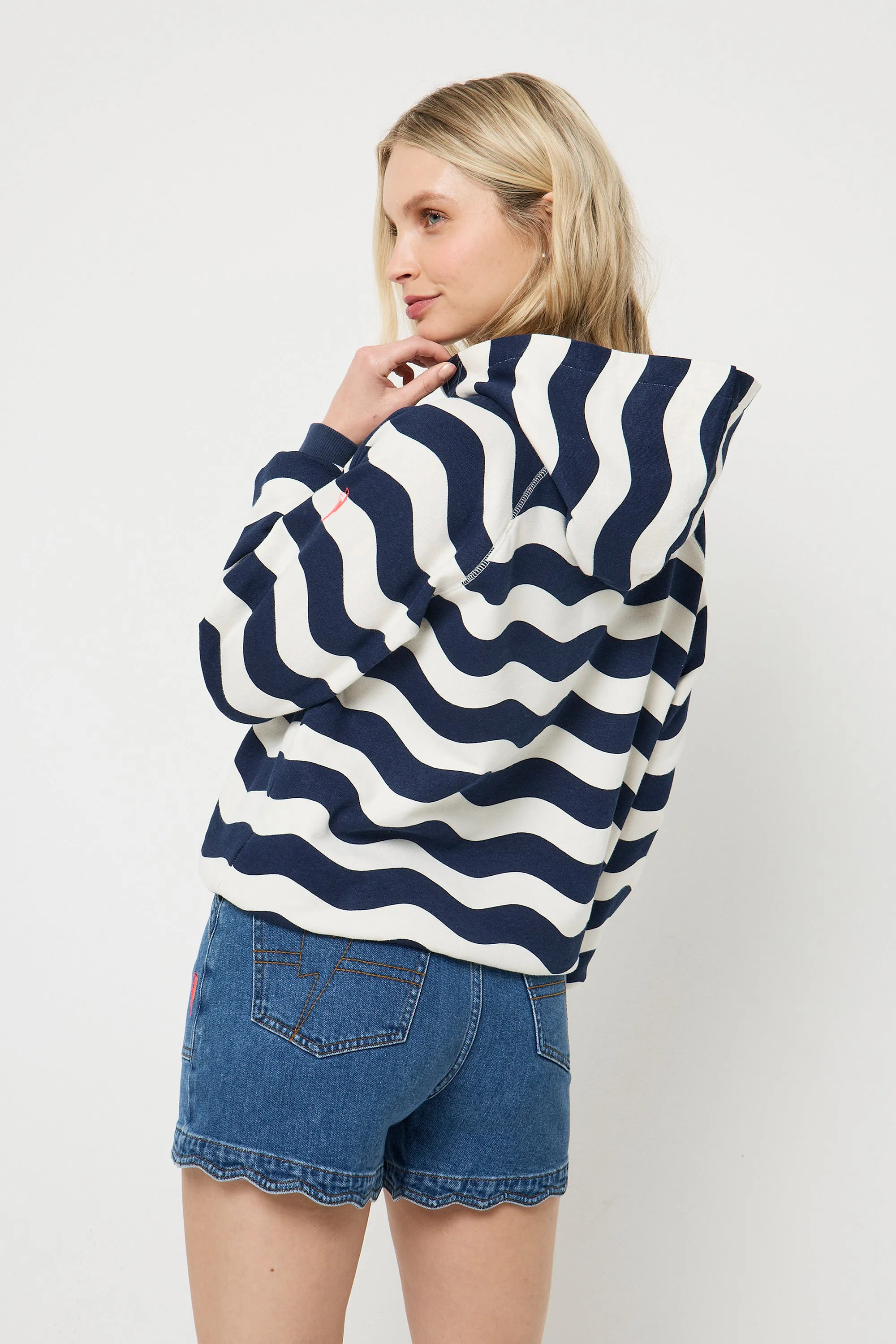 Navy and Cream Wave Stripe Hoodie Elastic waist
