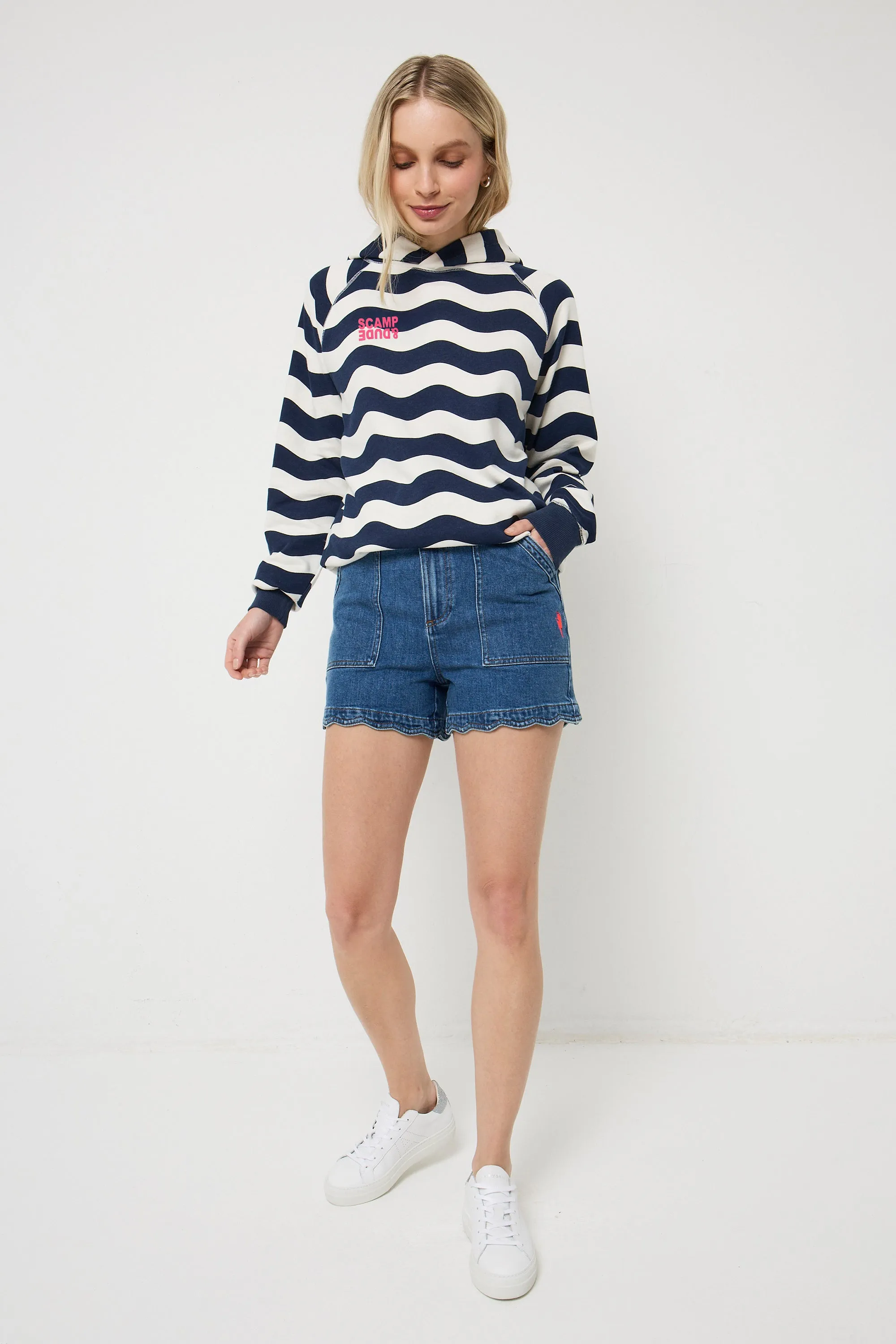 Navy and Cream Wave Stripe Hoodie Caribou like Backyard Chill