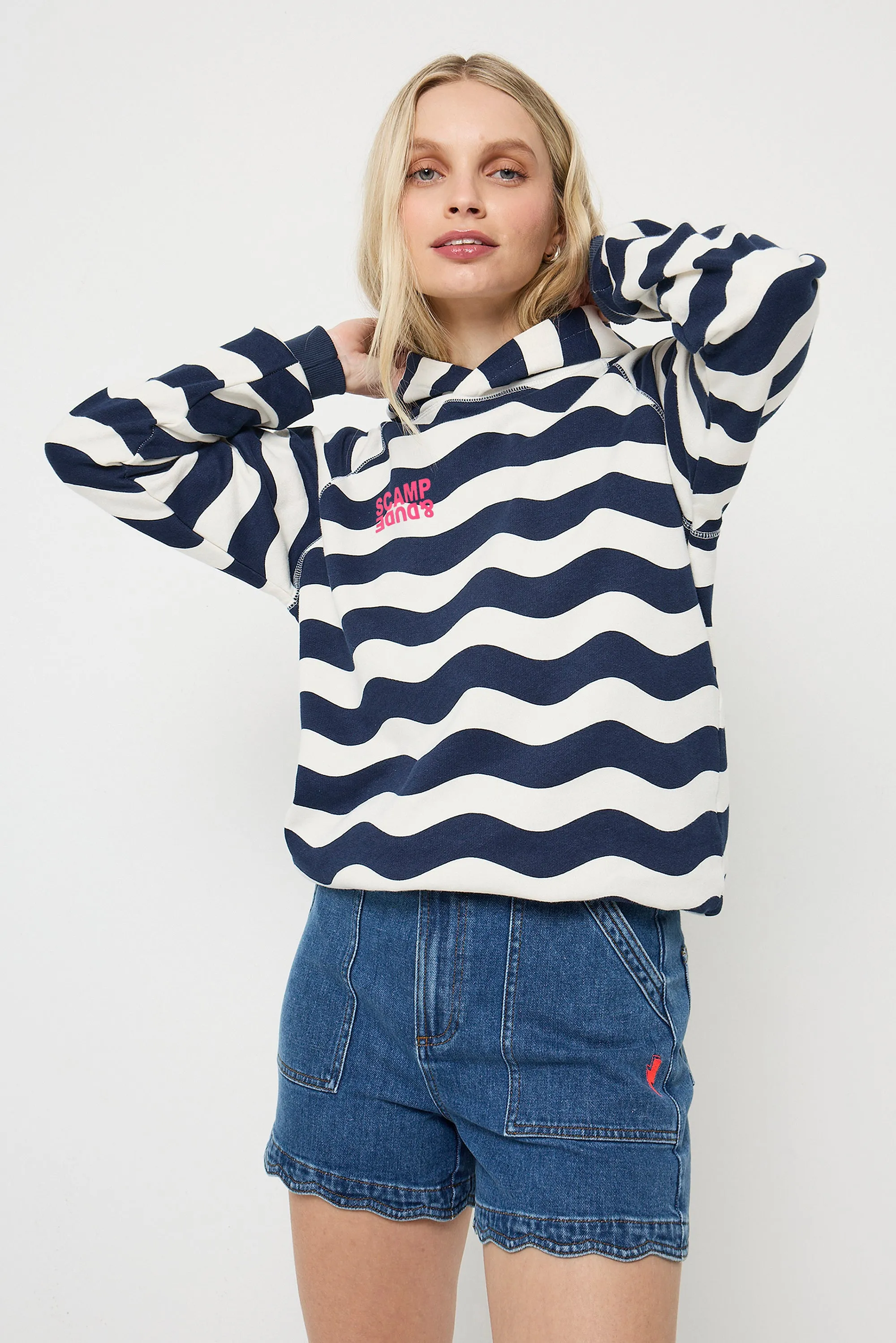 Navy and Cream Wave Stripe Hoodie Relaxed Cut thermal fabric