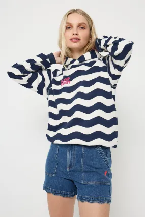 Navy and Cream Wave Stripe Hoodie Relaxed Cut thermal fabric