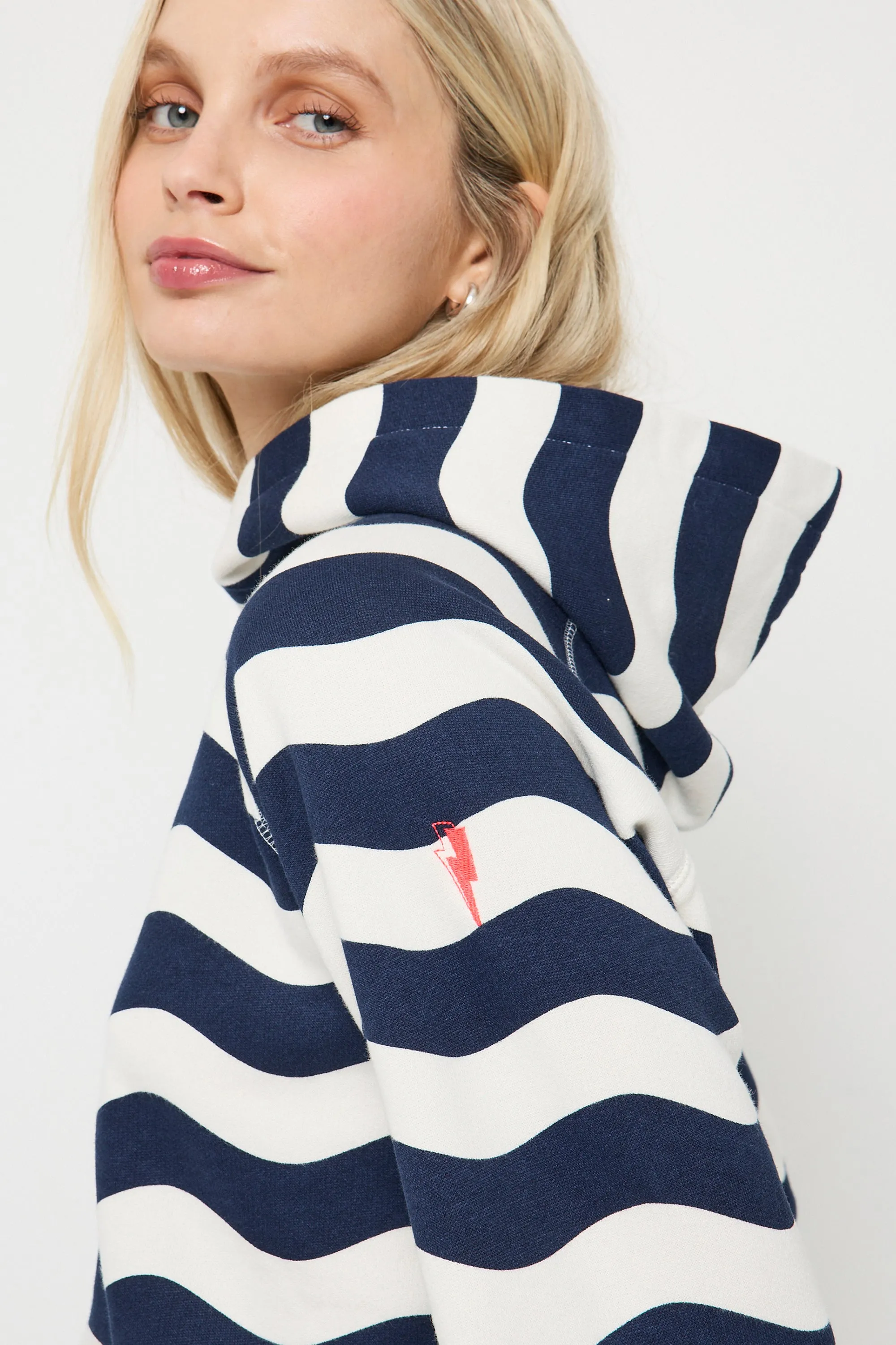 Classic Pullover Design Navy and Cream Wave Stripe Hoodie