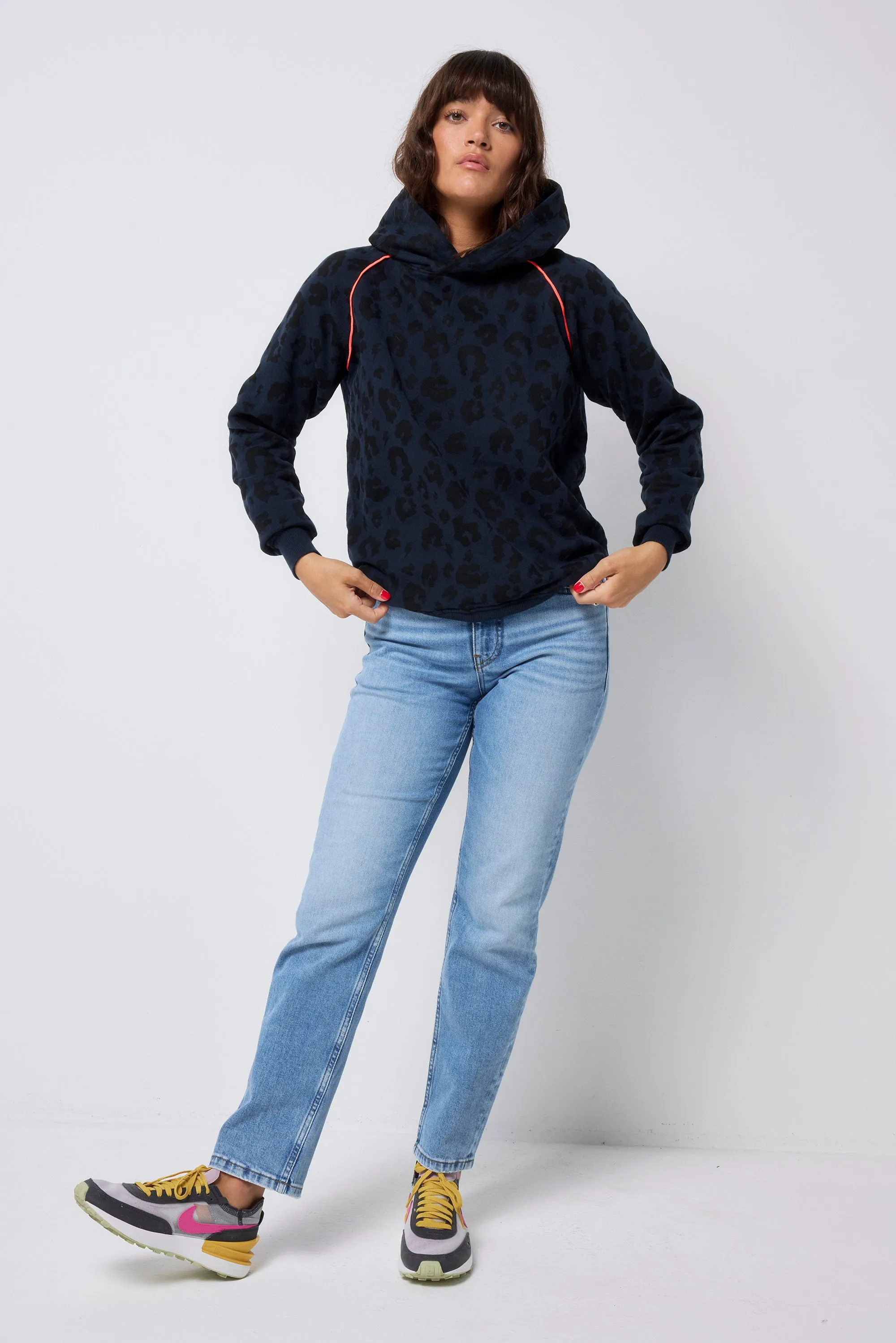 Navy Leopard Hoodie Buffalo like Non Restrictive Collar