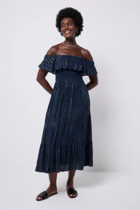 Soft Glide Navy with Black Rock and Roll Leopard Lurex Bardot Midi Dress