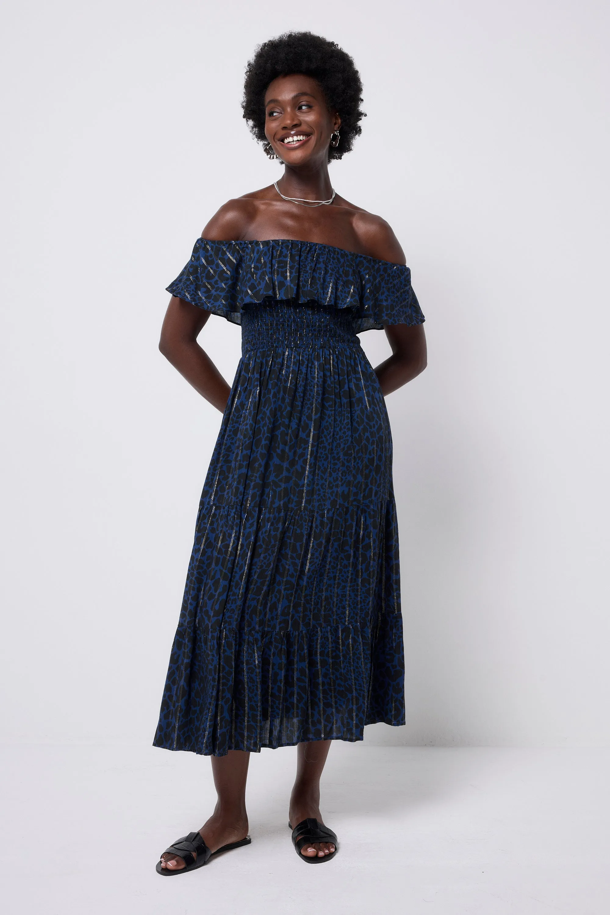 Soft Glide Navy with Black Rock and Roll Leopard Lurex Bardot Midi Dress