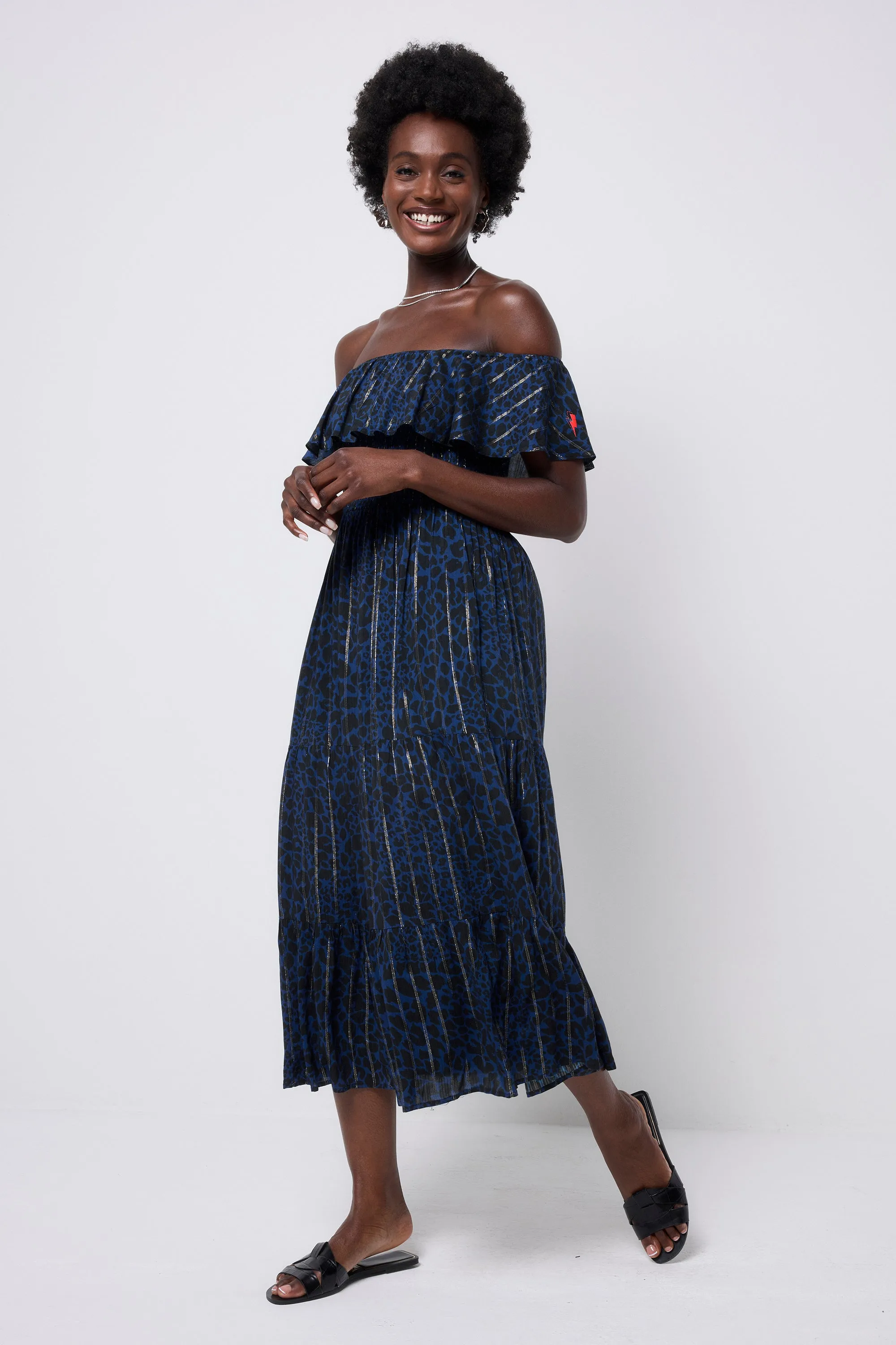 Polished Finish Luxe Mood Navy with Black Rock and Roll Leopard Lurex Bardot Midi Dress