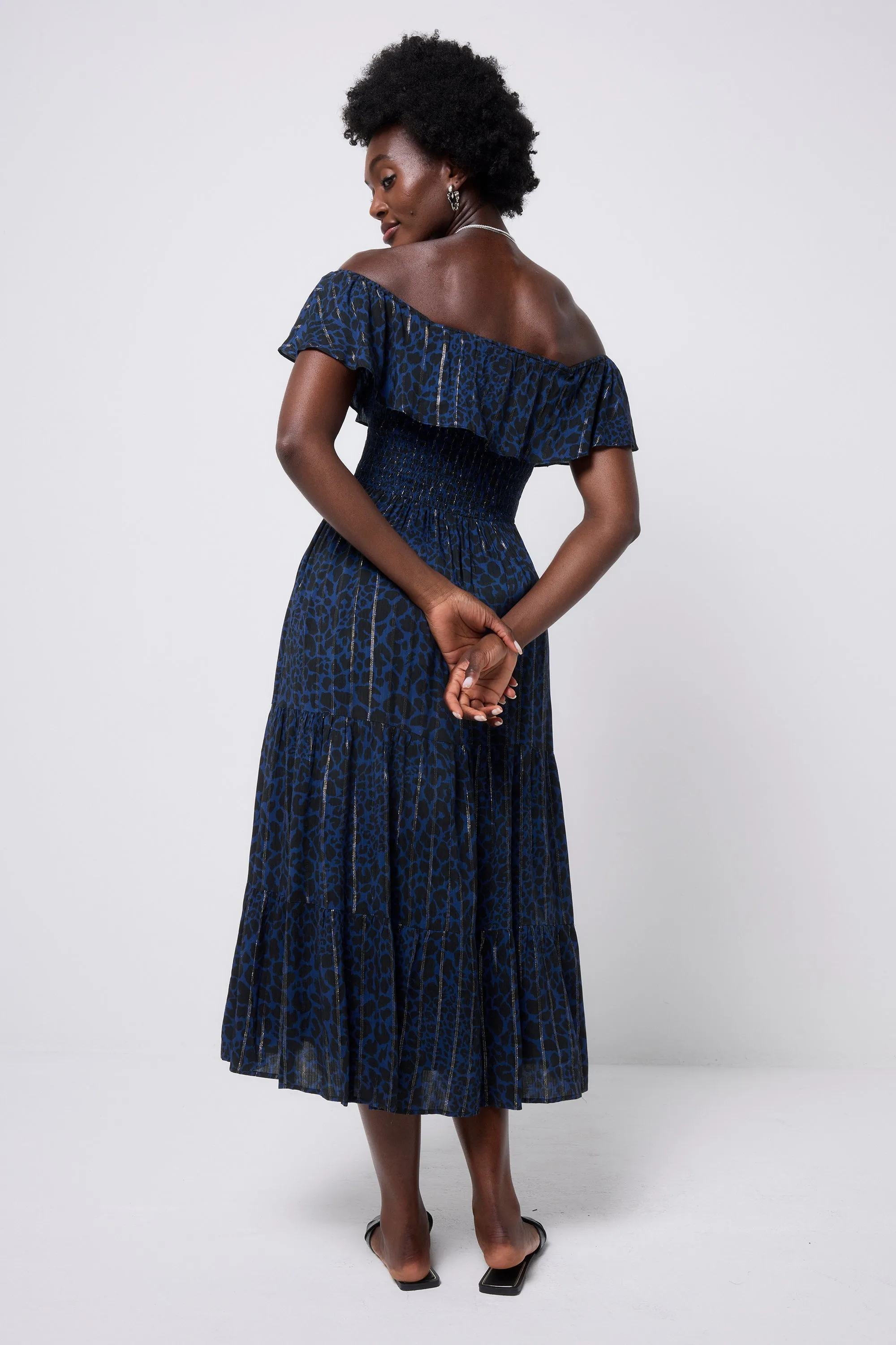 Street Style Flow Line Navy with Black Rock and Roll Leopard Lurex Bardot Midi Dress