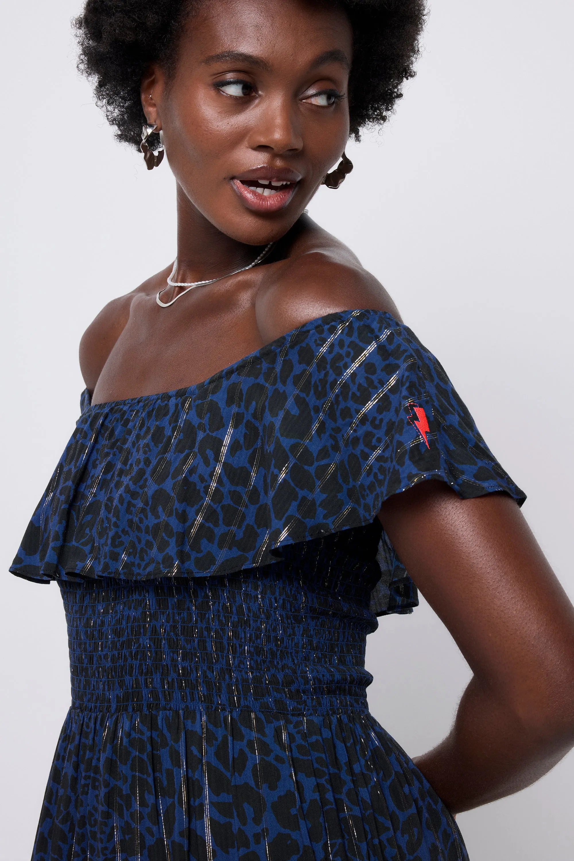 Navy with Black Rock and Roll Leopard Lurex Bardot Midi Dress Chic Waist