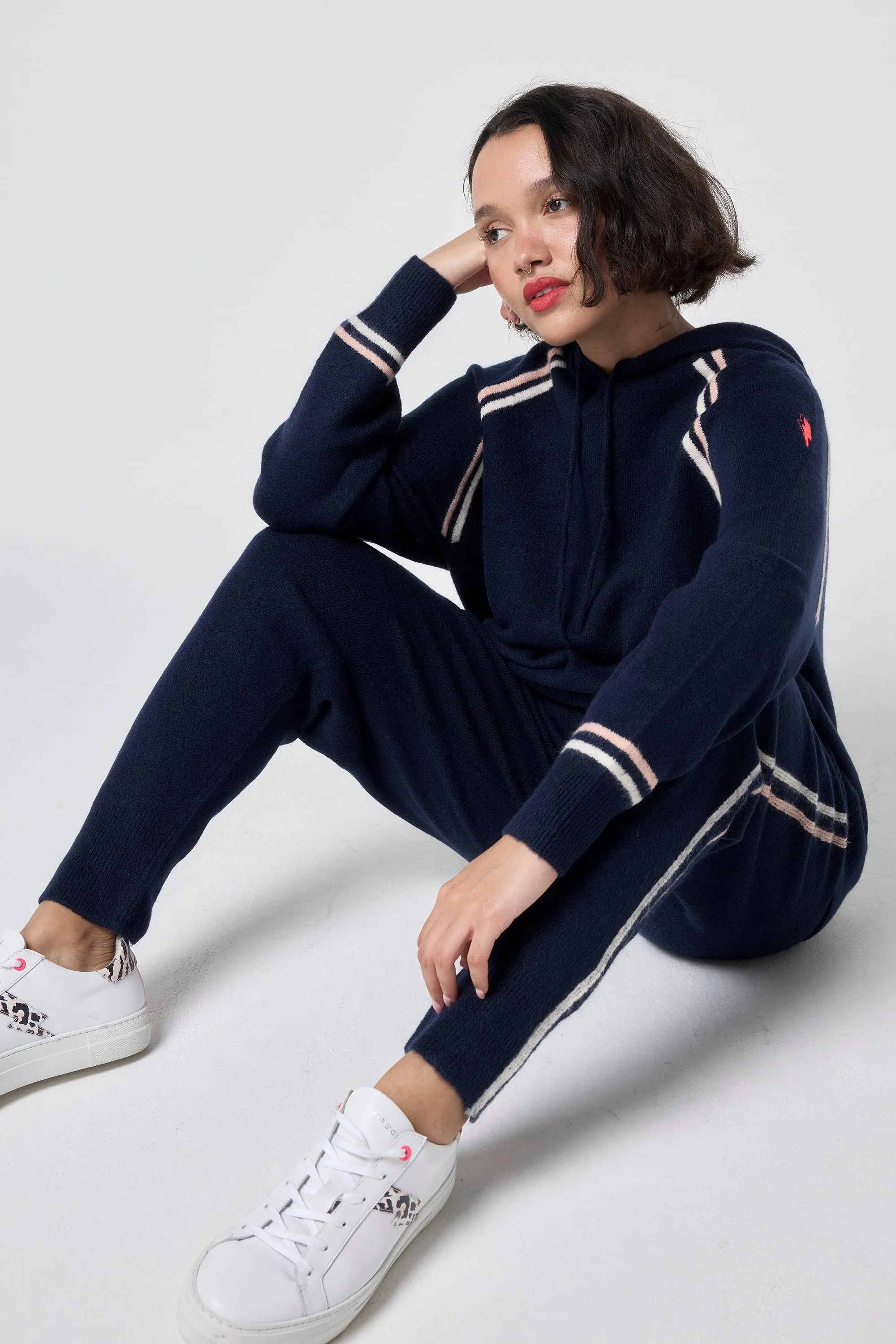 Airy Feel Relaxed Armhole Fit Navy with Ivory and Peach Stripe Knitted Lounge Wear Joggers