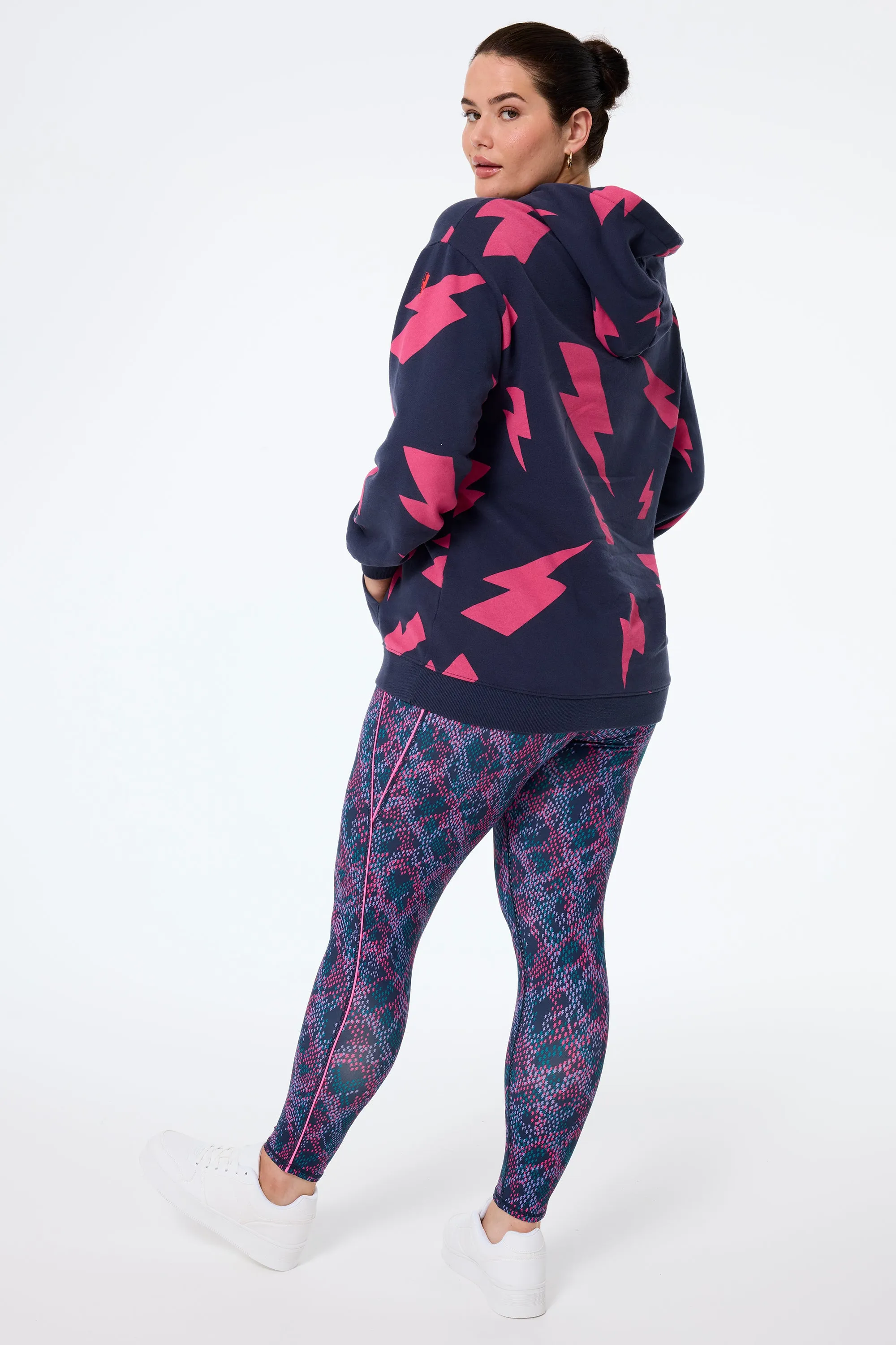 Navy with Pink Mega Lightning Bolt Longline Hoodie Garment Wash