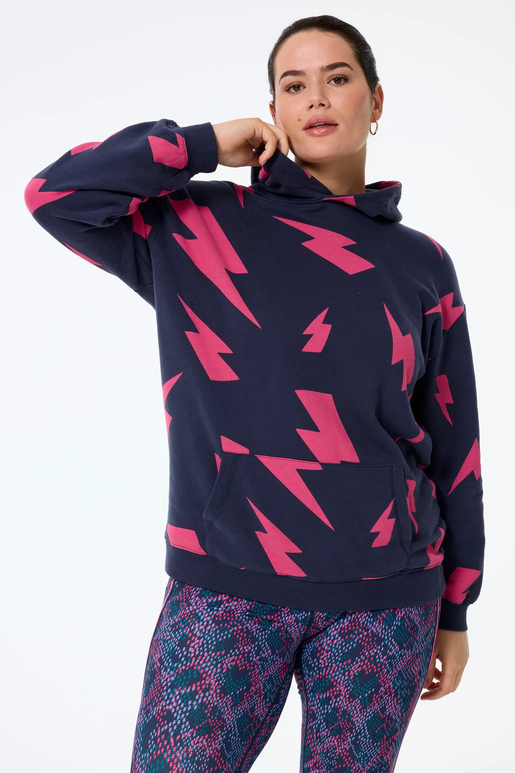 Navy with Pink Mega Lightning Bolt Longline Hoodie Contemporary Look university look