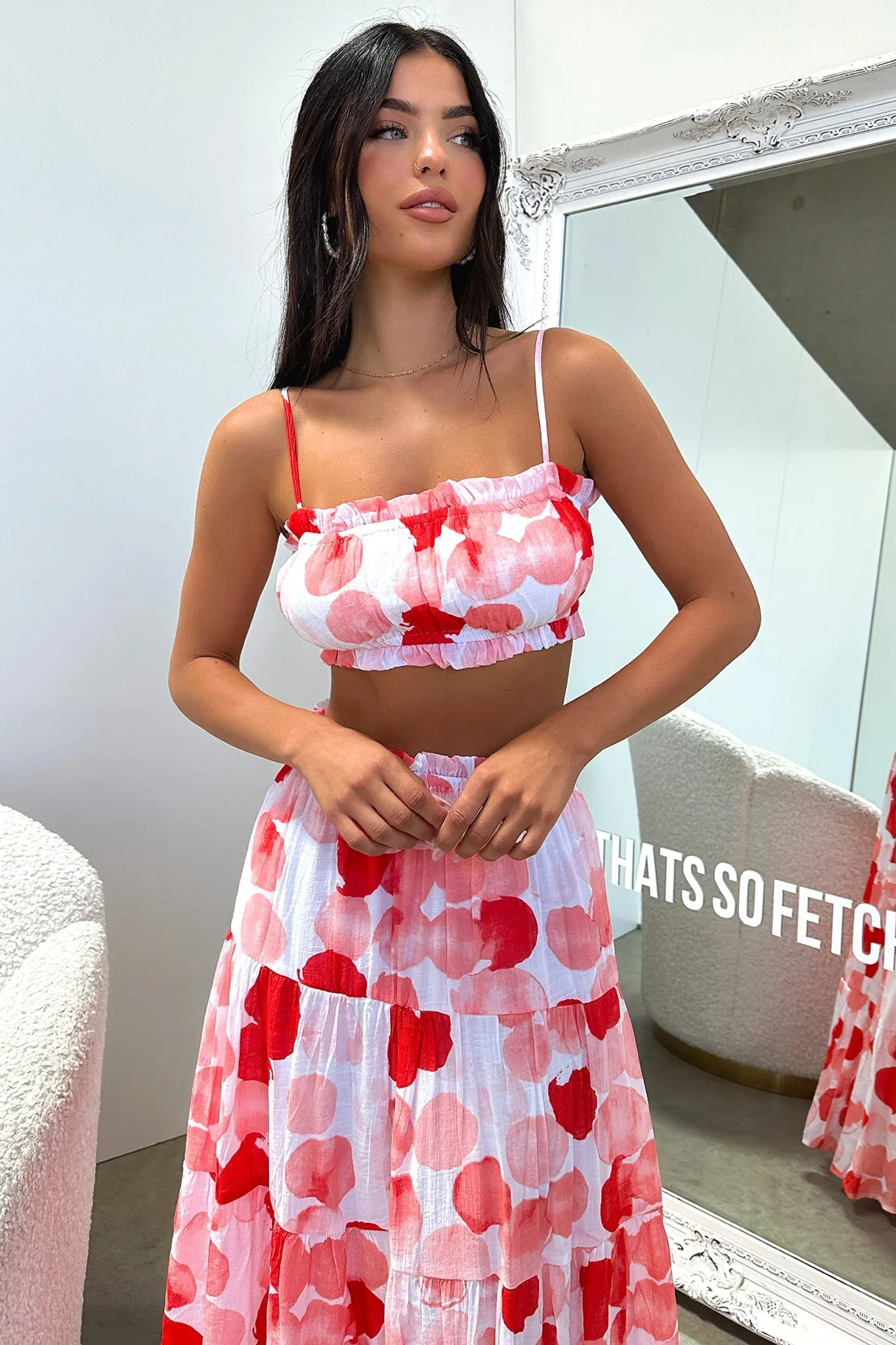 Selina Tiered Maxi Skirt - Red / White Print Bold Finish Mall Brand Look