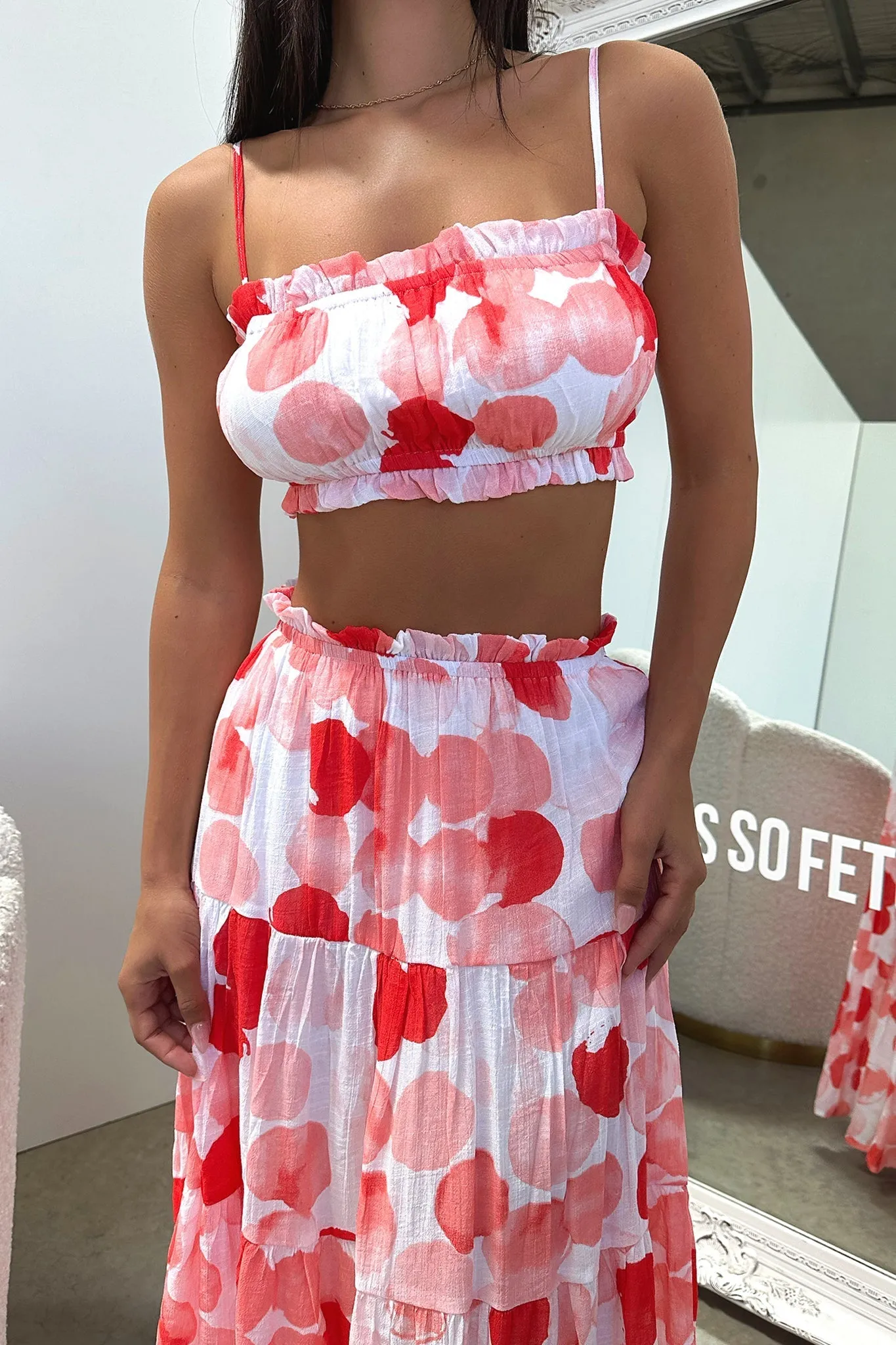 Selina Tiered Maxi Skirt - Red / White Print Road Trip