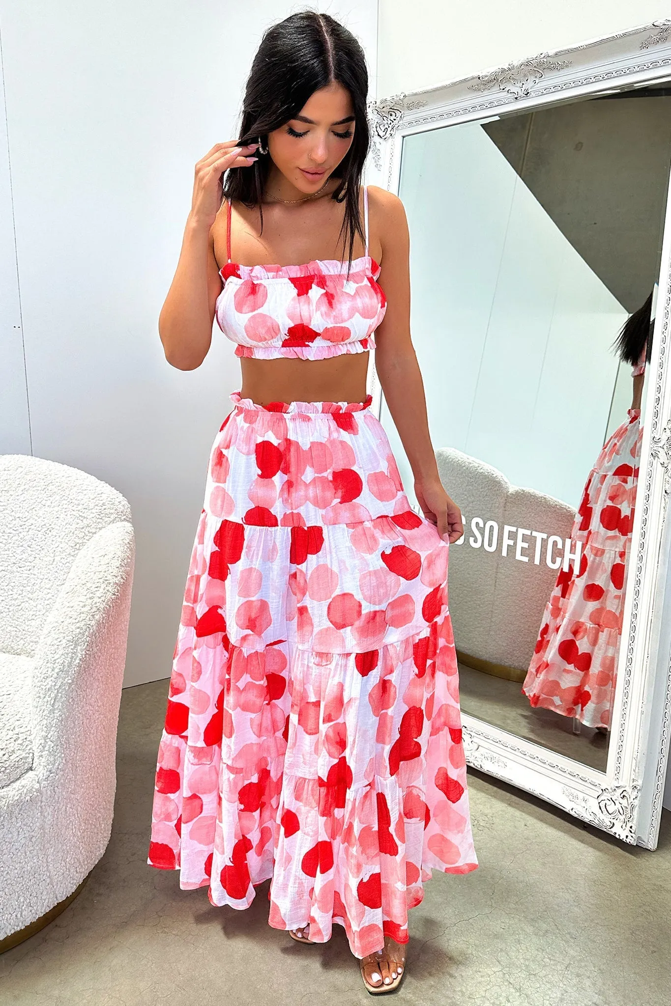 Smooth Layer Selina Tiered Maxi Skirt - Red / White Print
