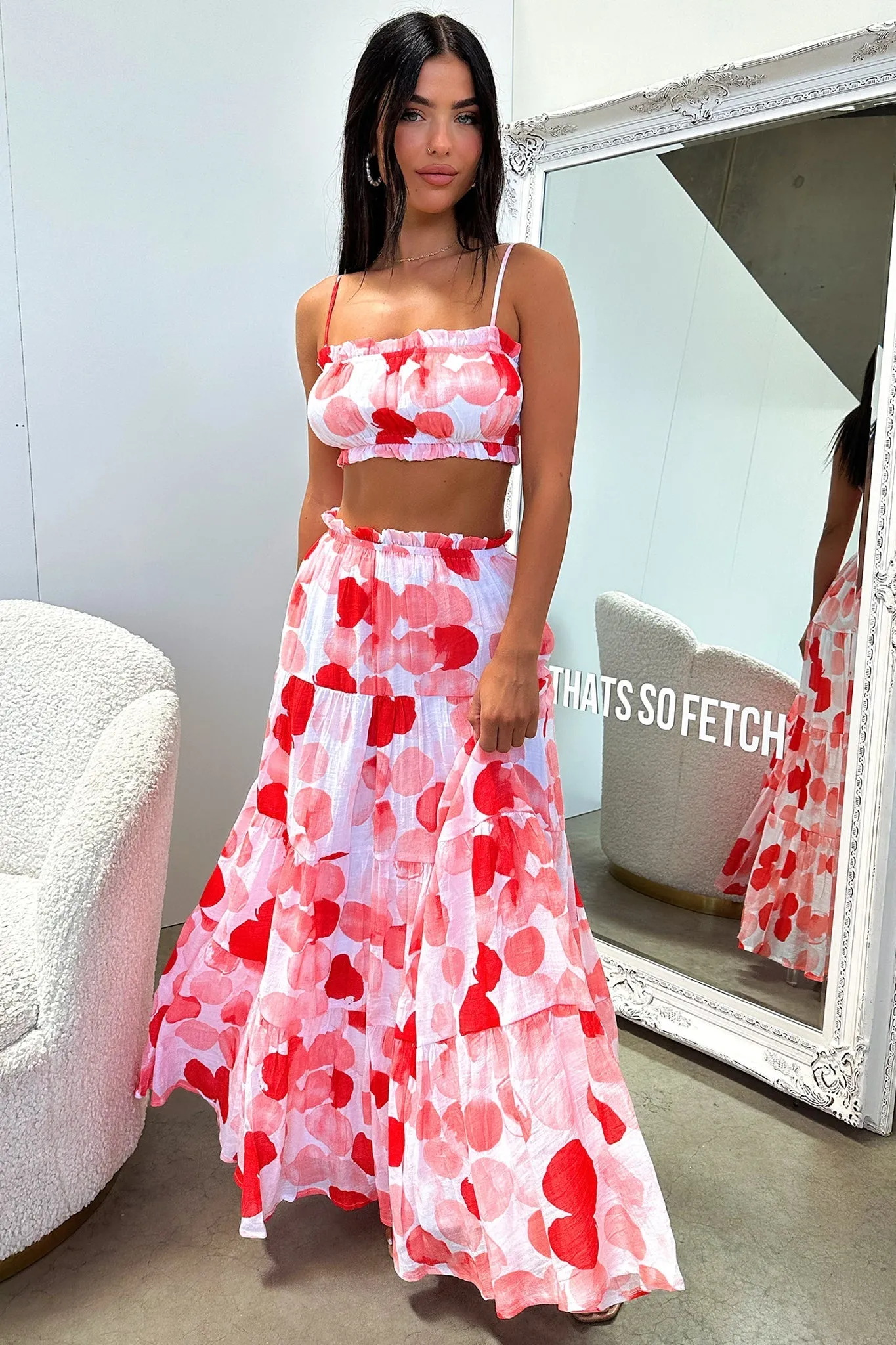 Breezy Edge Daily Fashion Selina Tiered Maxi Skirt - Red / White Print