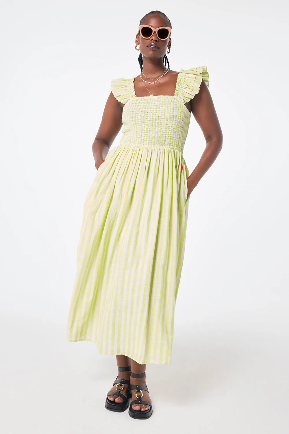 Unique Cut Neon Yellow with Ivory Stripe Maxi Sundress