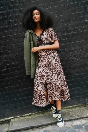 Neutral with Black Cheetah Lace Trim Puff Sleeve Midi Tea Dress Classic Layers