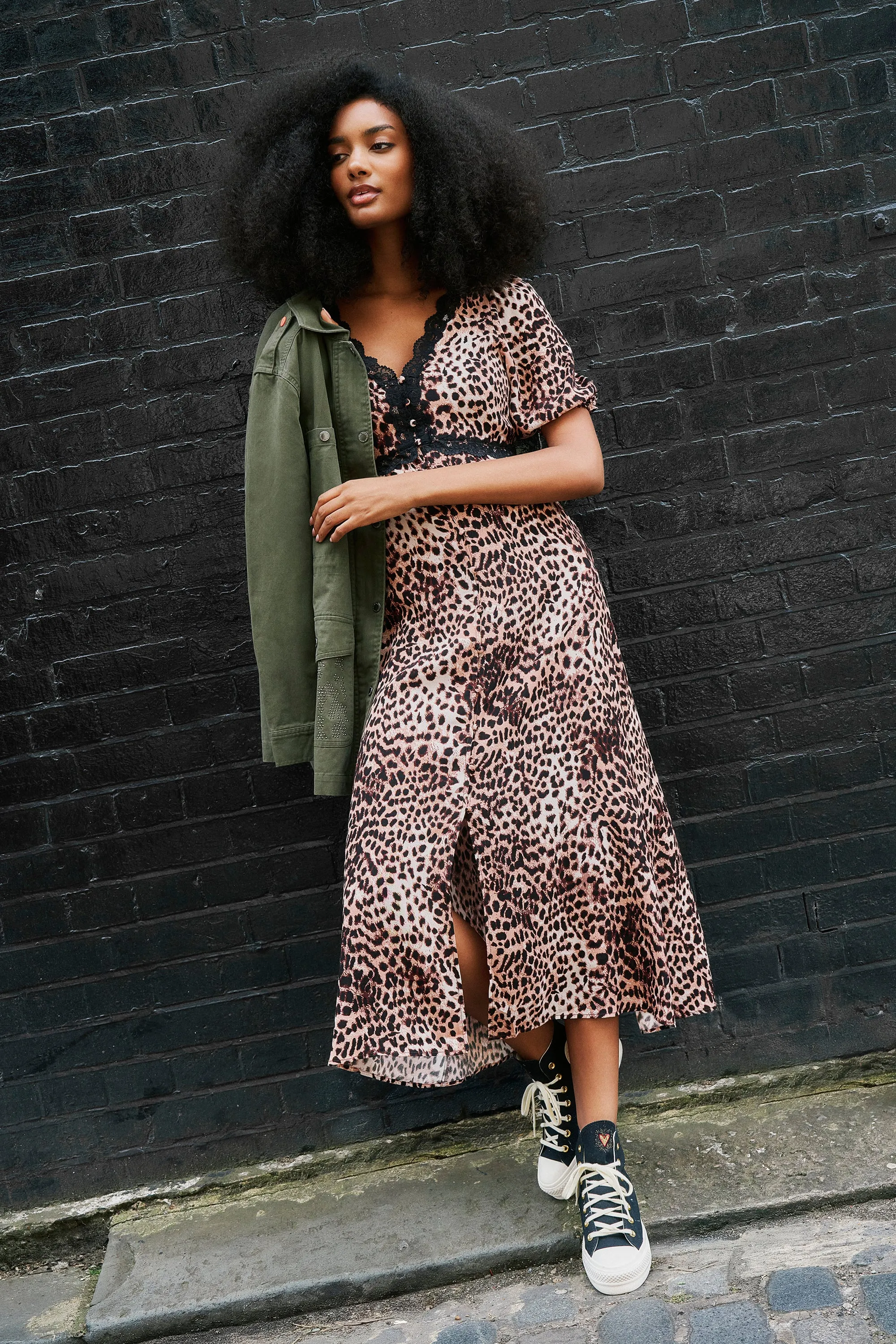 Neutral with Black Cheetah Lace Trim Puff Sleeve Midi Tea Dress Classic Layers