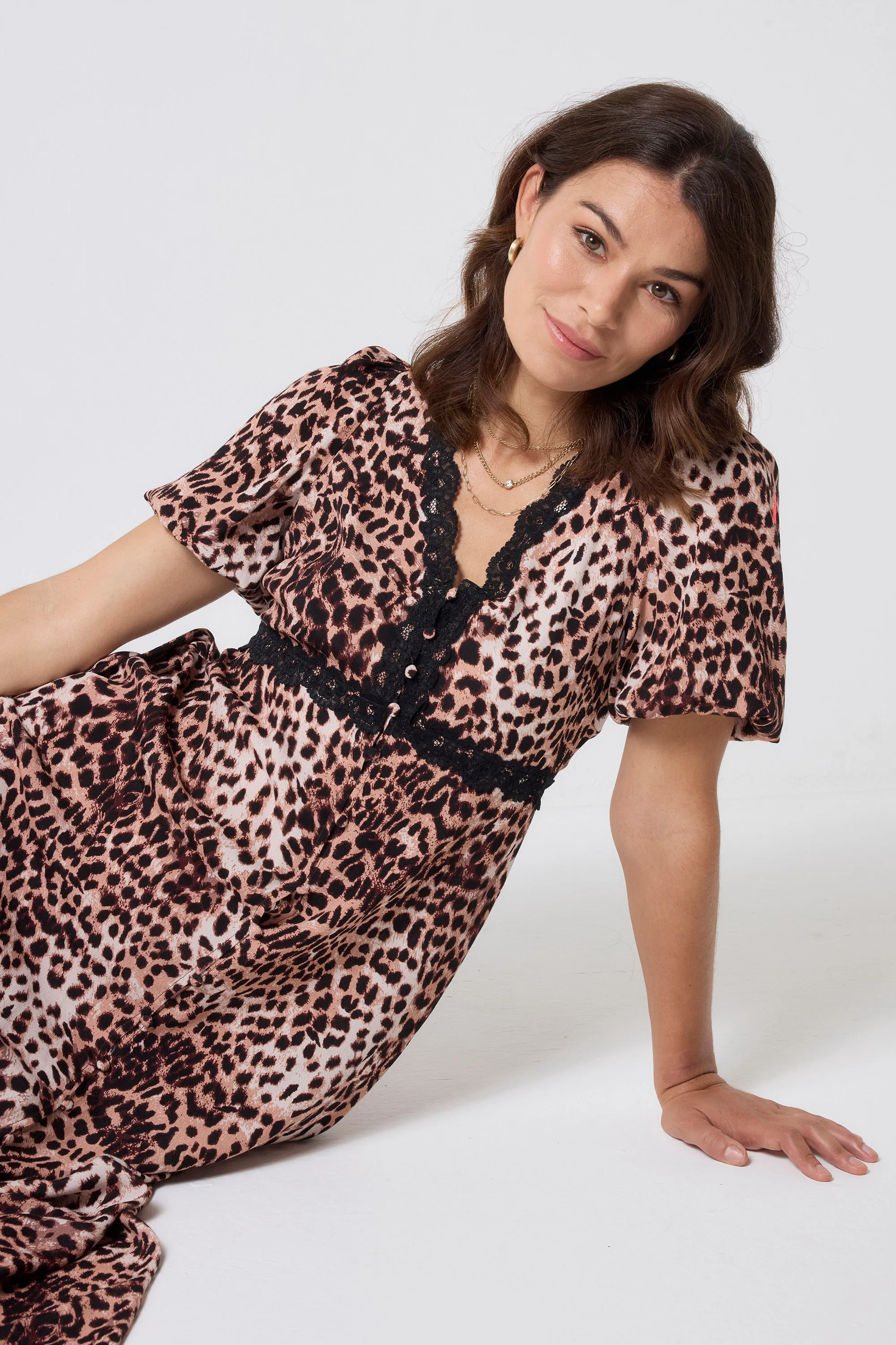 All Gender Wrap-Style Neutral with Black Cheetah Lace Trim Puff Sleeve Midi Tea Dress