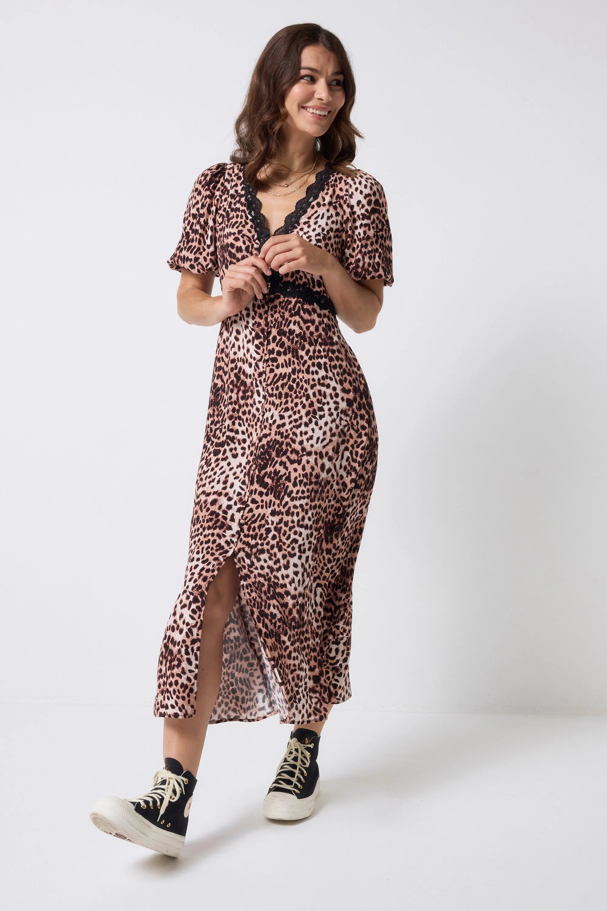 Neutral with Black Cheetah Lace Trim Puff Sleeve Midi Tea Dress Luxurious Feel