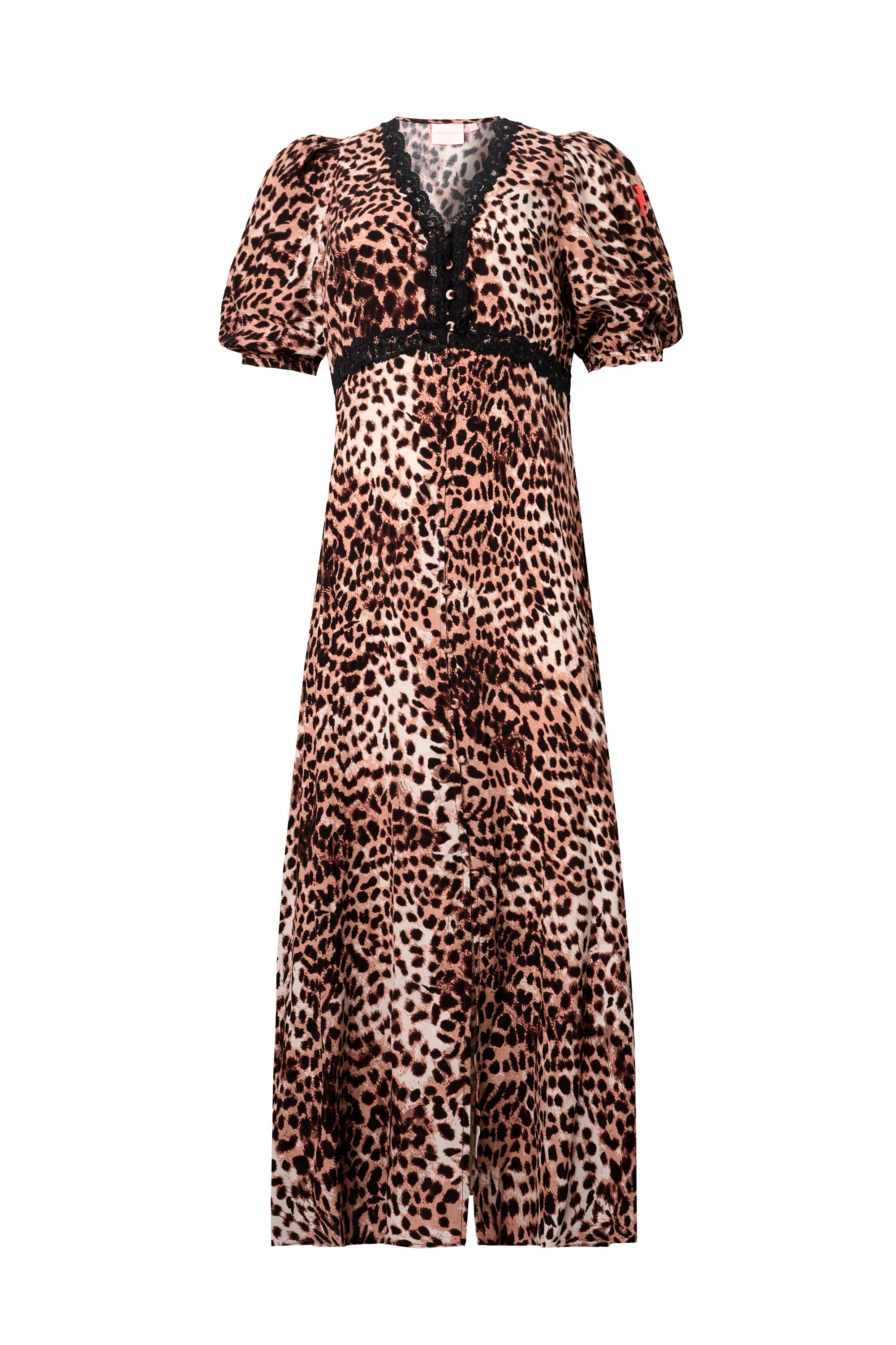 Work or Play Fashionable appearance Neutral with Black Cheetah Lace Trim Puff Sleeve Midi Tea Dress
