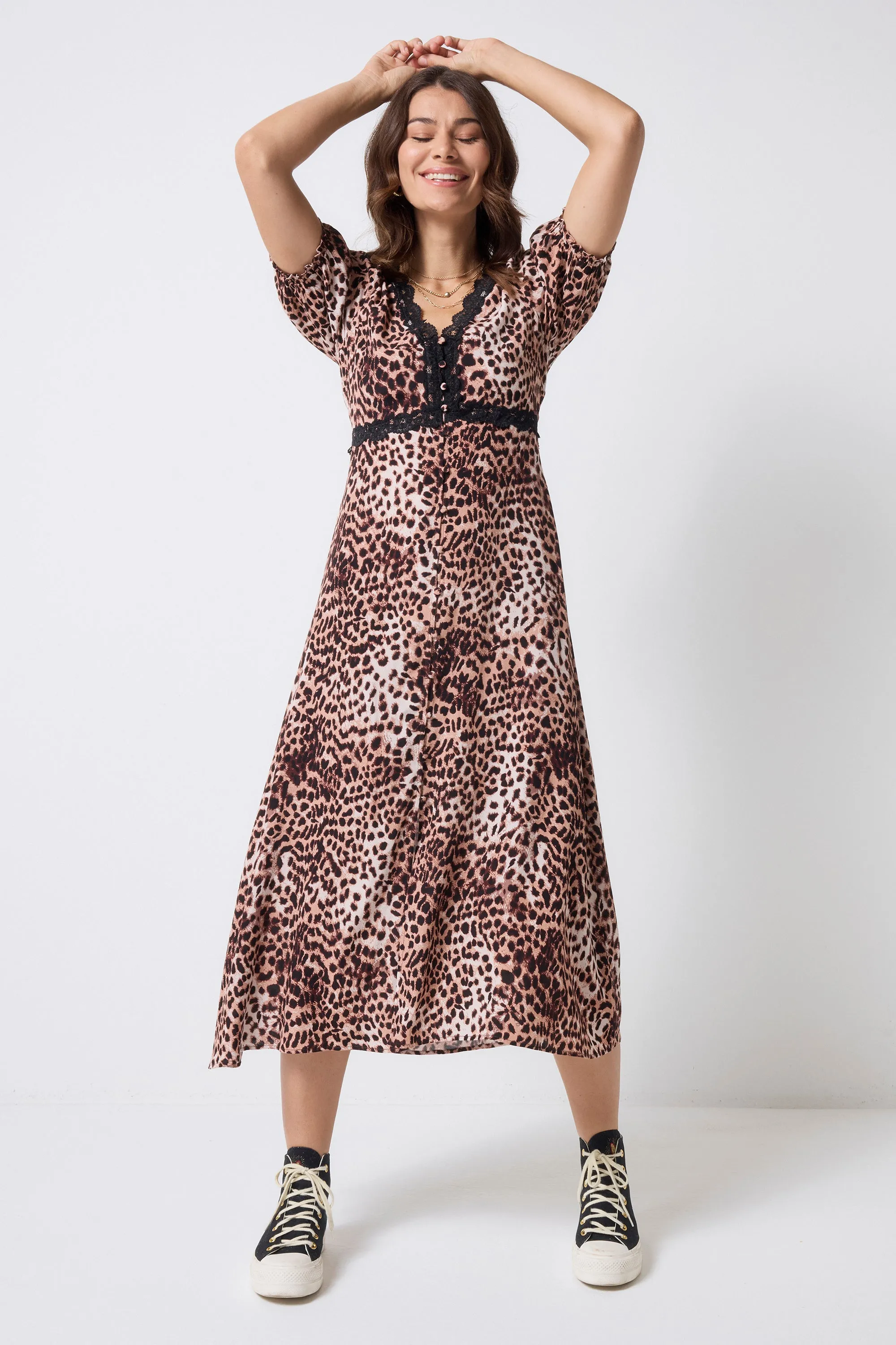 Modern Design All-Occasion Wear Neutral with Black Cheetah Lace Trim Puff Sleeve Midi Tea Dress