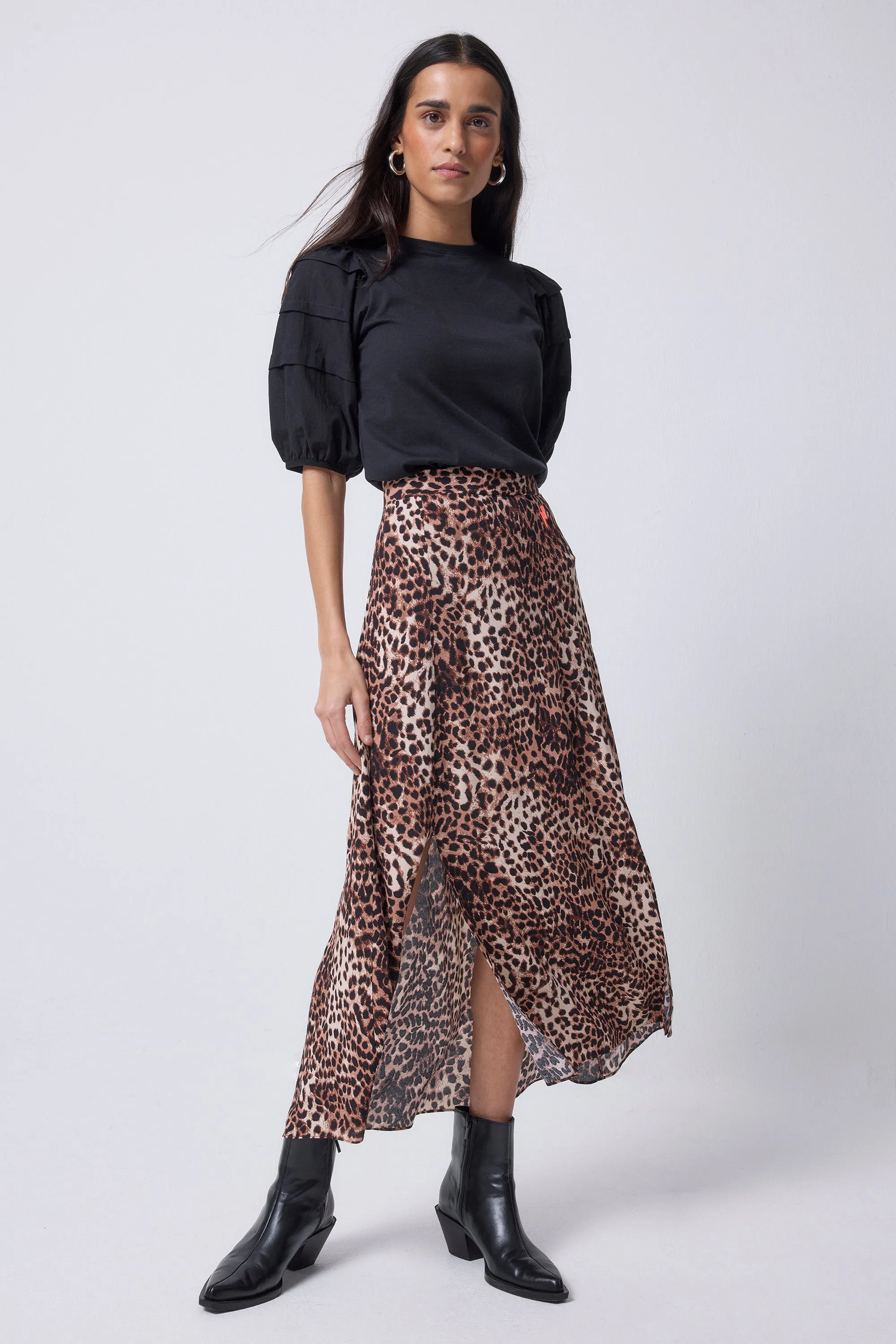 Wardrobe Hero Neutral with Black Cheetah Split Front Skirt
