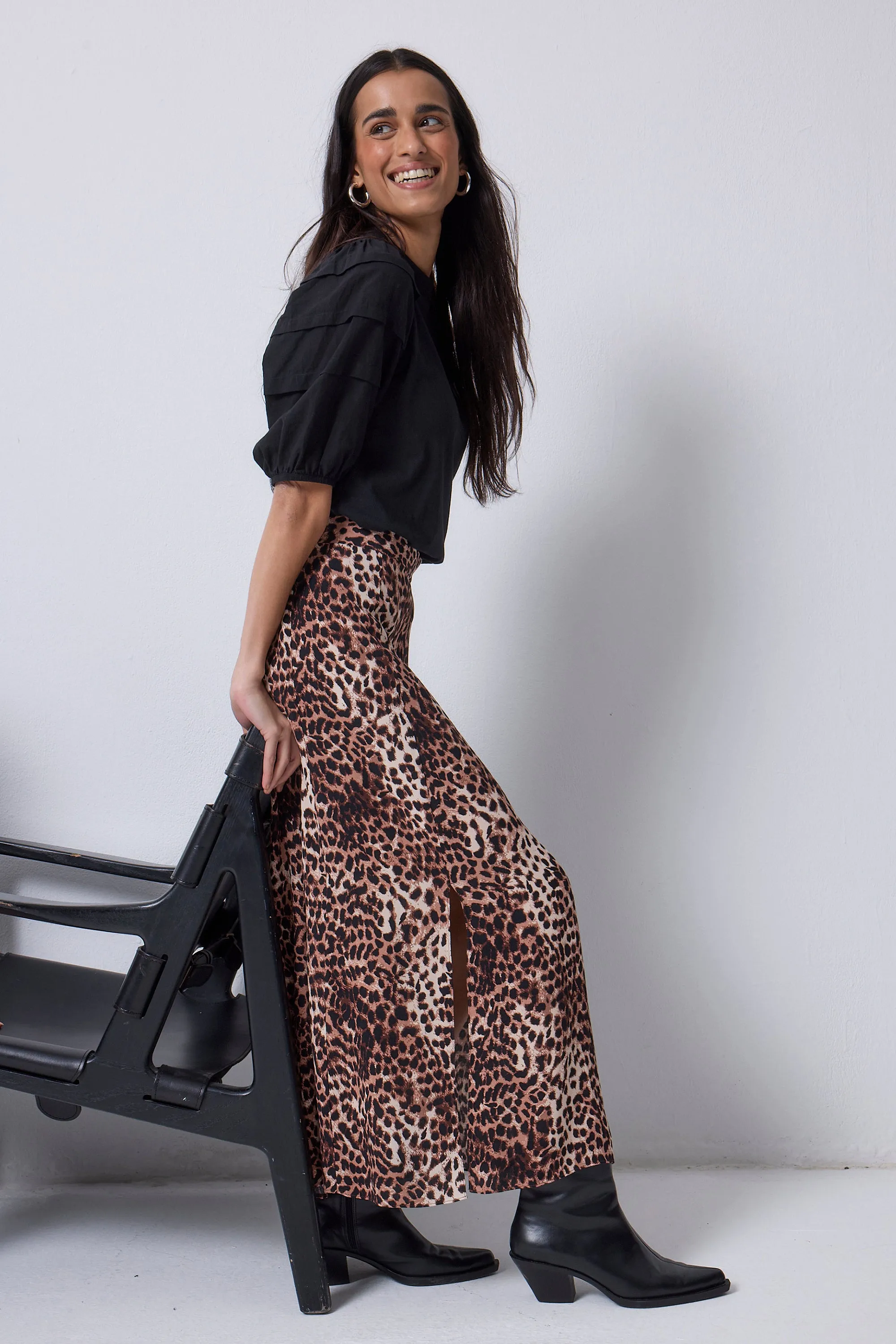 Neutral with Black Cheetah Split Front Skirt Friction Free