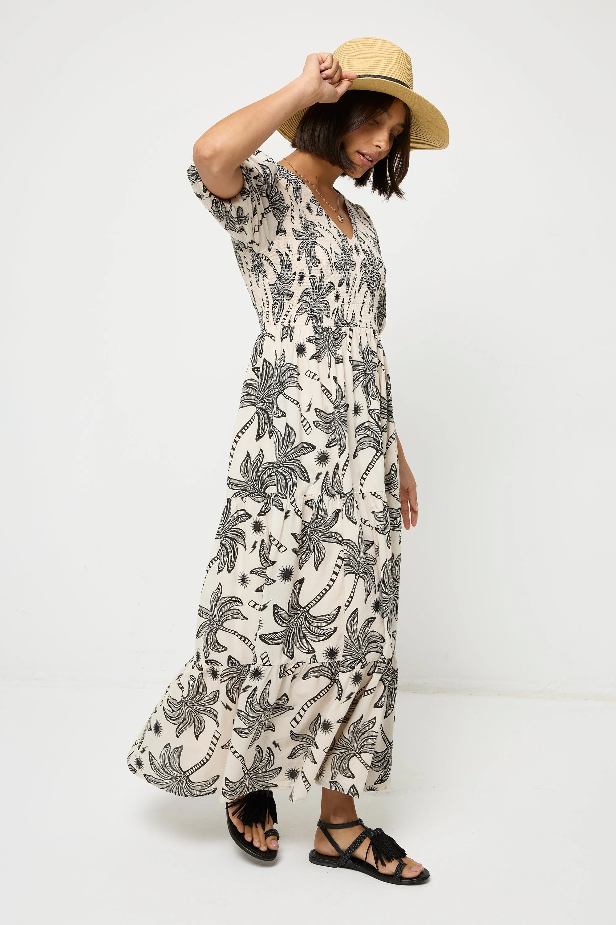 Dew Tone High Cut Neutral with Black Palm Spring Shirred Puff Sleeve Maxi Dress