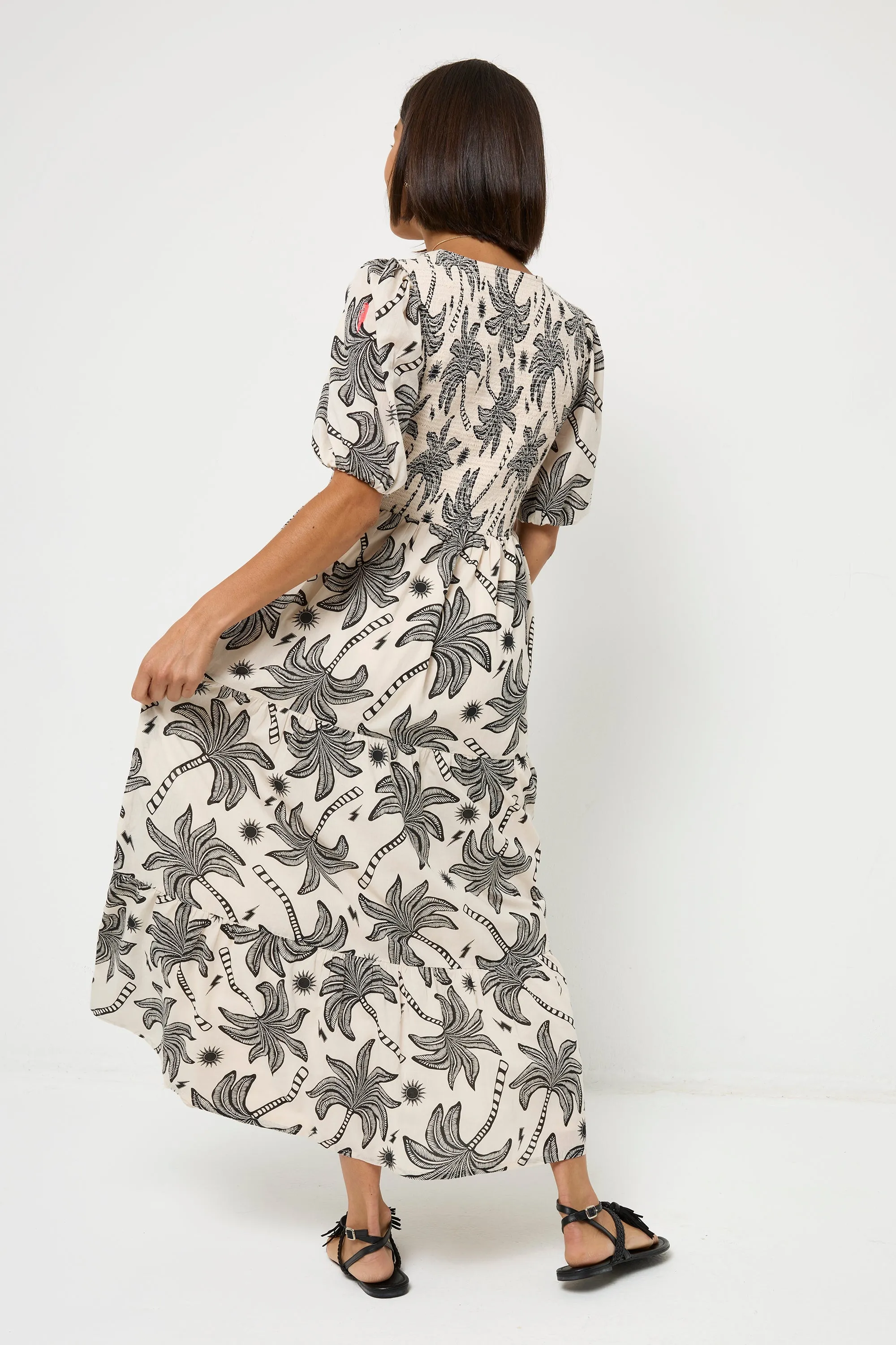 Feminine Details Neutral with Black Palm Spring Shirred Puff Sleeve Maxi Dress