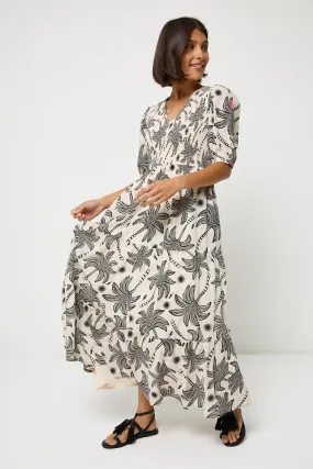 All-Day Wear Comfy and Elegant Neutral with Black Palm Spring Shirred Puff Sleeve Maxi Dress