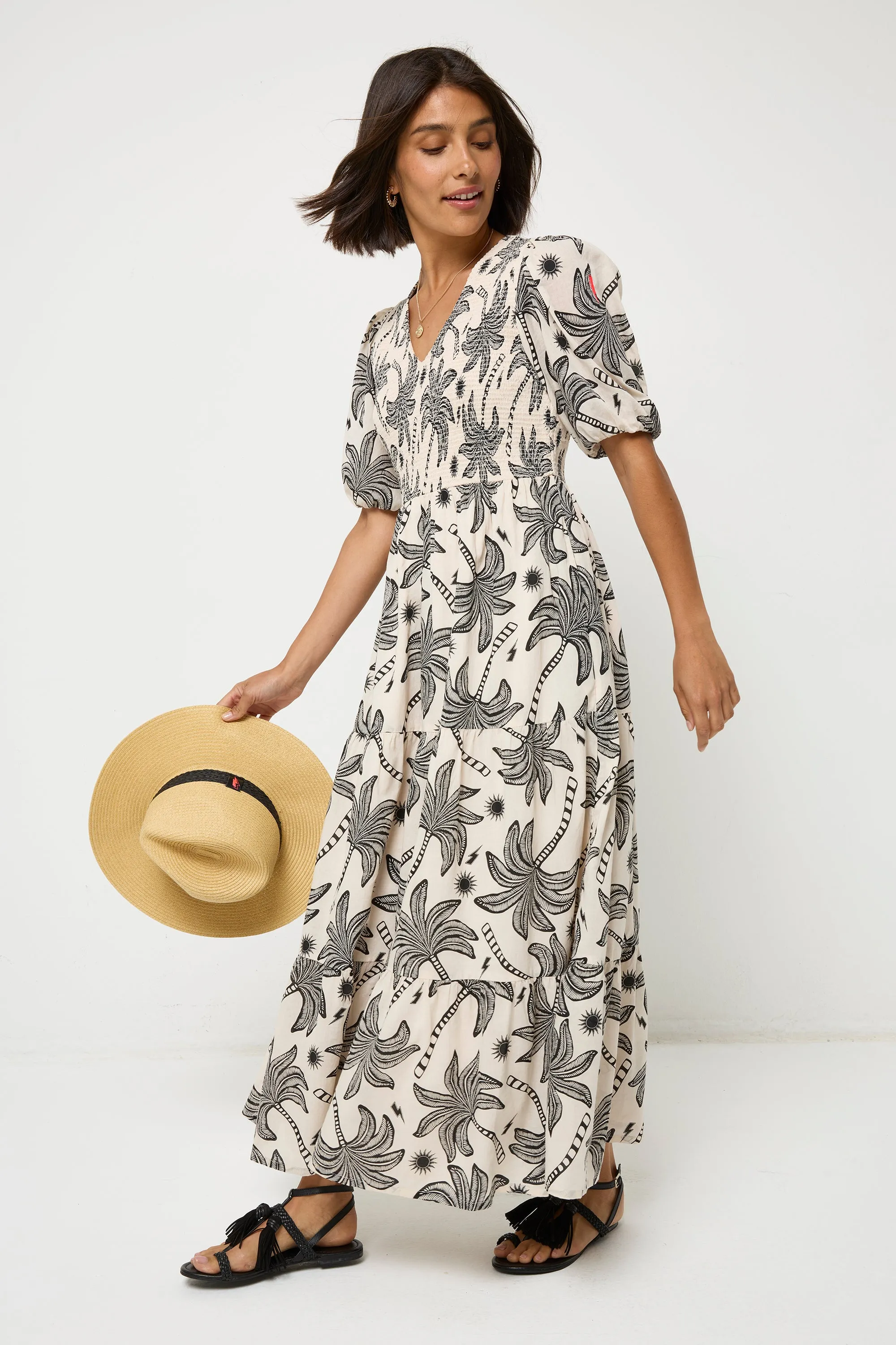 Clean Finish Feminine Charm Neutral with Black Palm Spring Shirred Puff Sleeve Maxi Dress