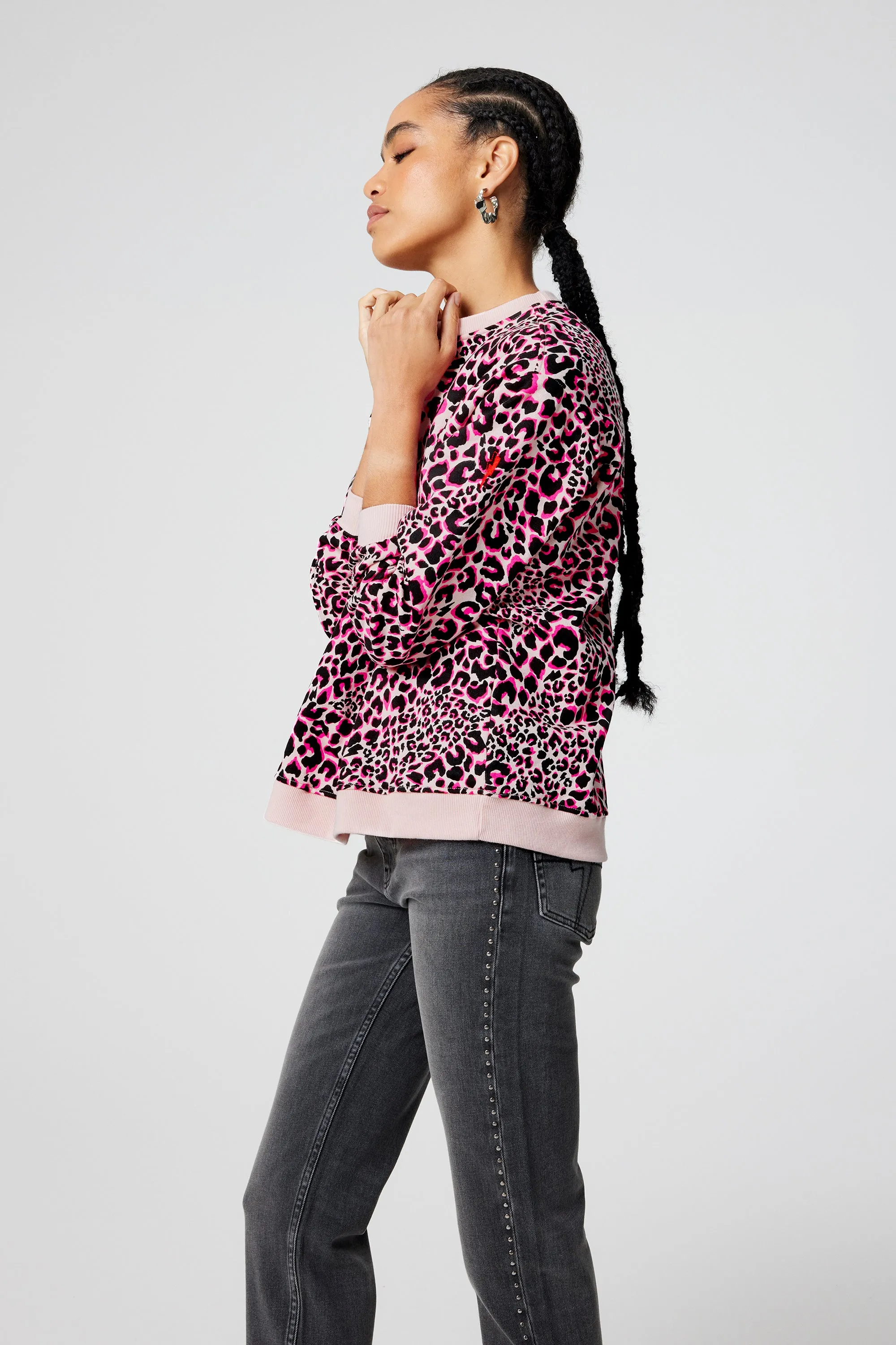 Linen Neutral with Pink and Black Rock and Roll Leopard Oversized Sweatshirt