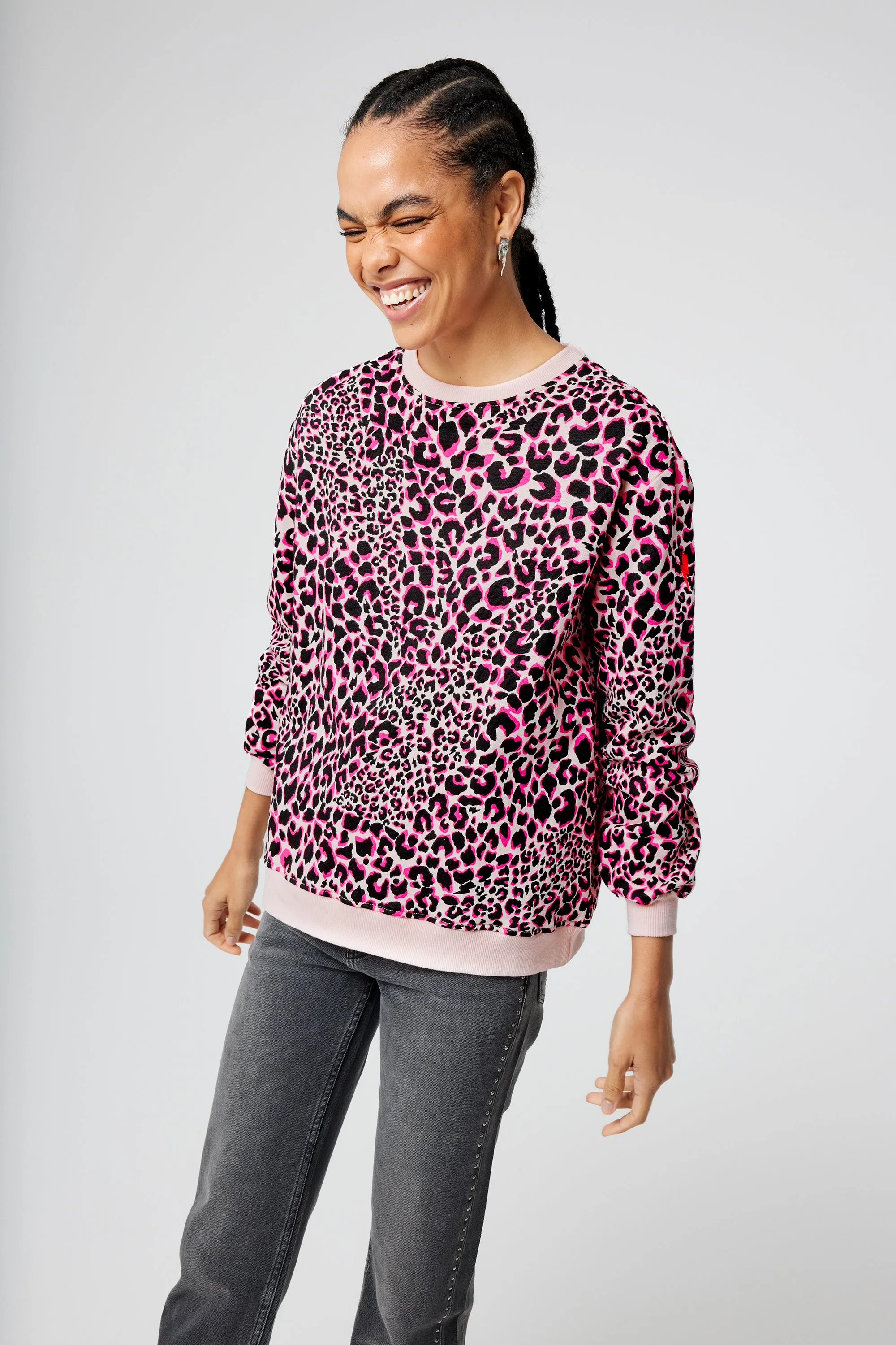 Neutral with Pink and Black Rock and Roll Leopard Oversized Sweatshirt Polka Dot