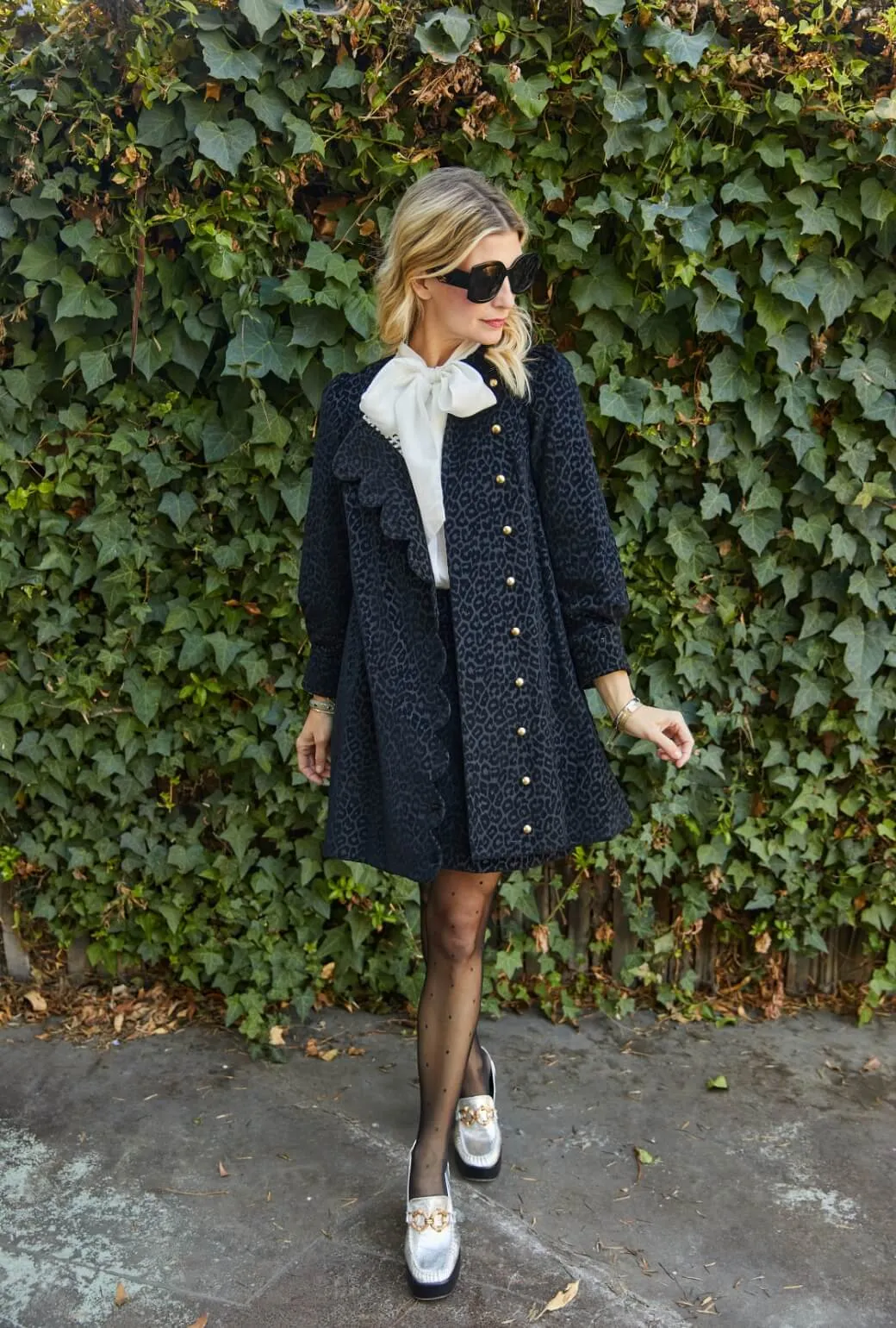 Chic Direction Long Sleeve Scallop Shift Dress - Black Cheetah Corduroy