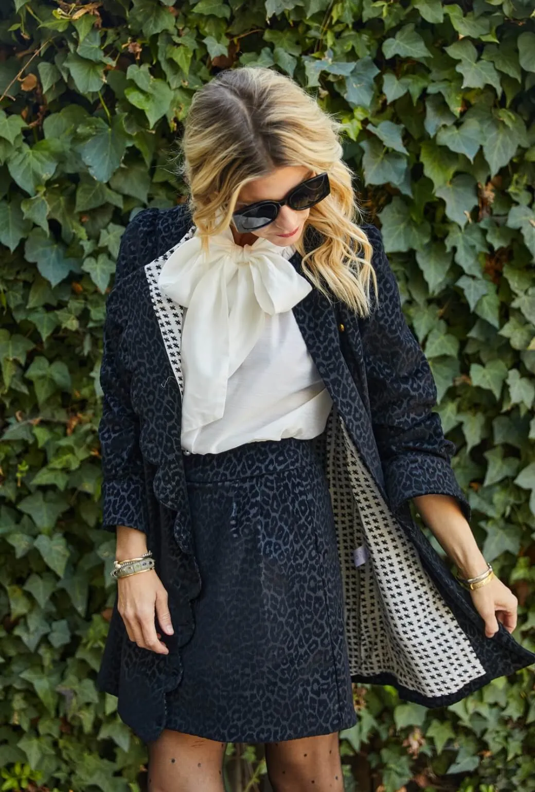 Long Sleeve Scallop Shift Dress - Black Cheetah Corduroy Oversized-Fit