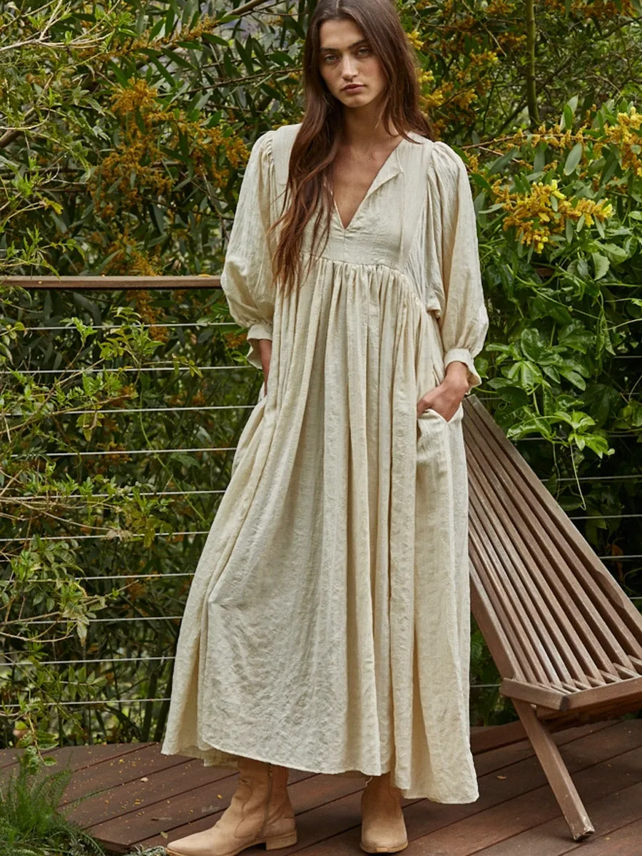 Anti Cling Finish Light support WOVEN LONG SLEEVE MAXI DRESS - NATURAL