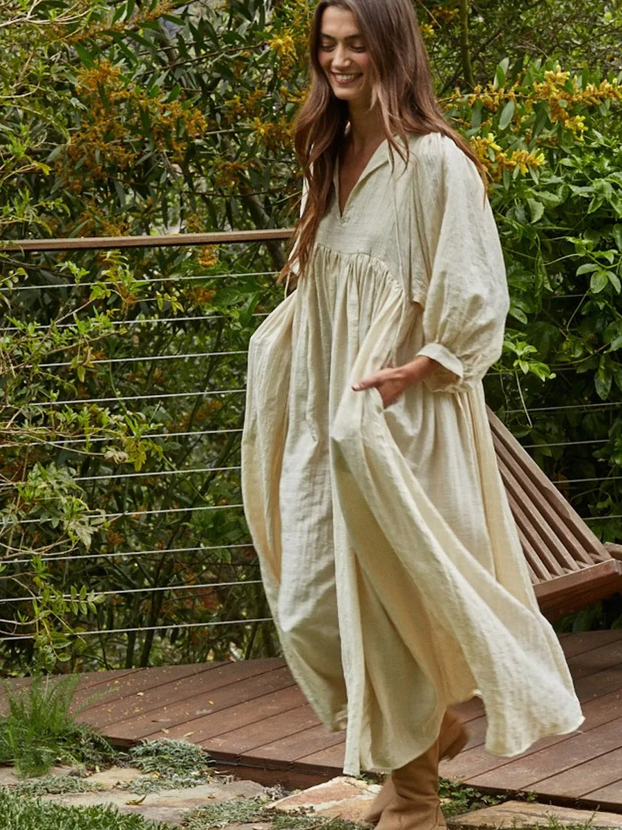 Sunny Lace Weekend Favorite WOVEN LONG SLEEVE MAXI DRESS - NATURAL