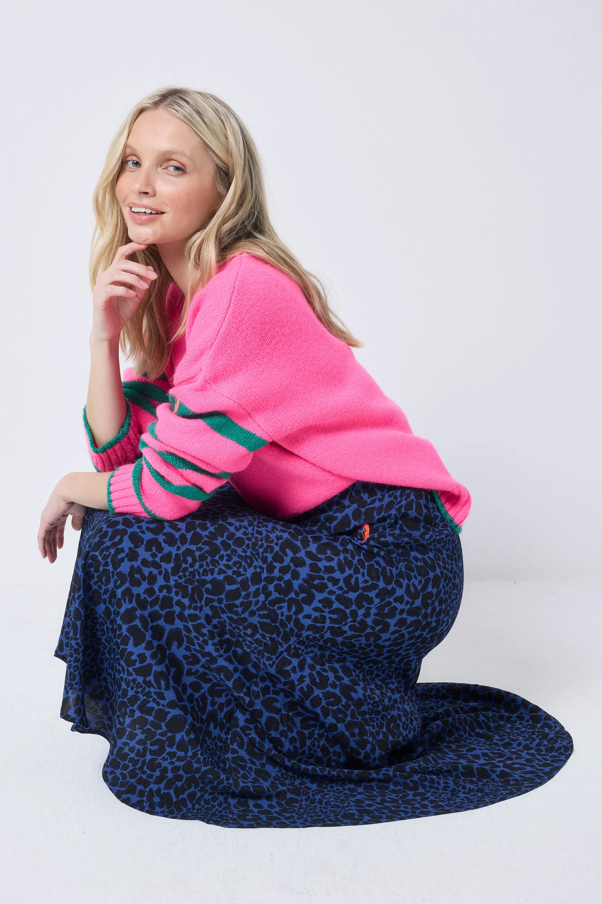 Corduroy texture Navy with Black Rock and Roll Leopard High Low Hem Skirt