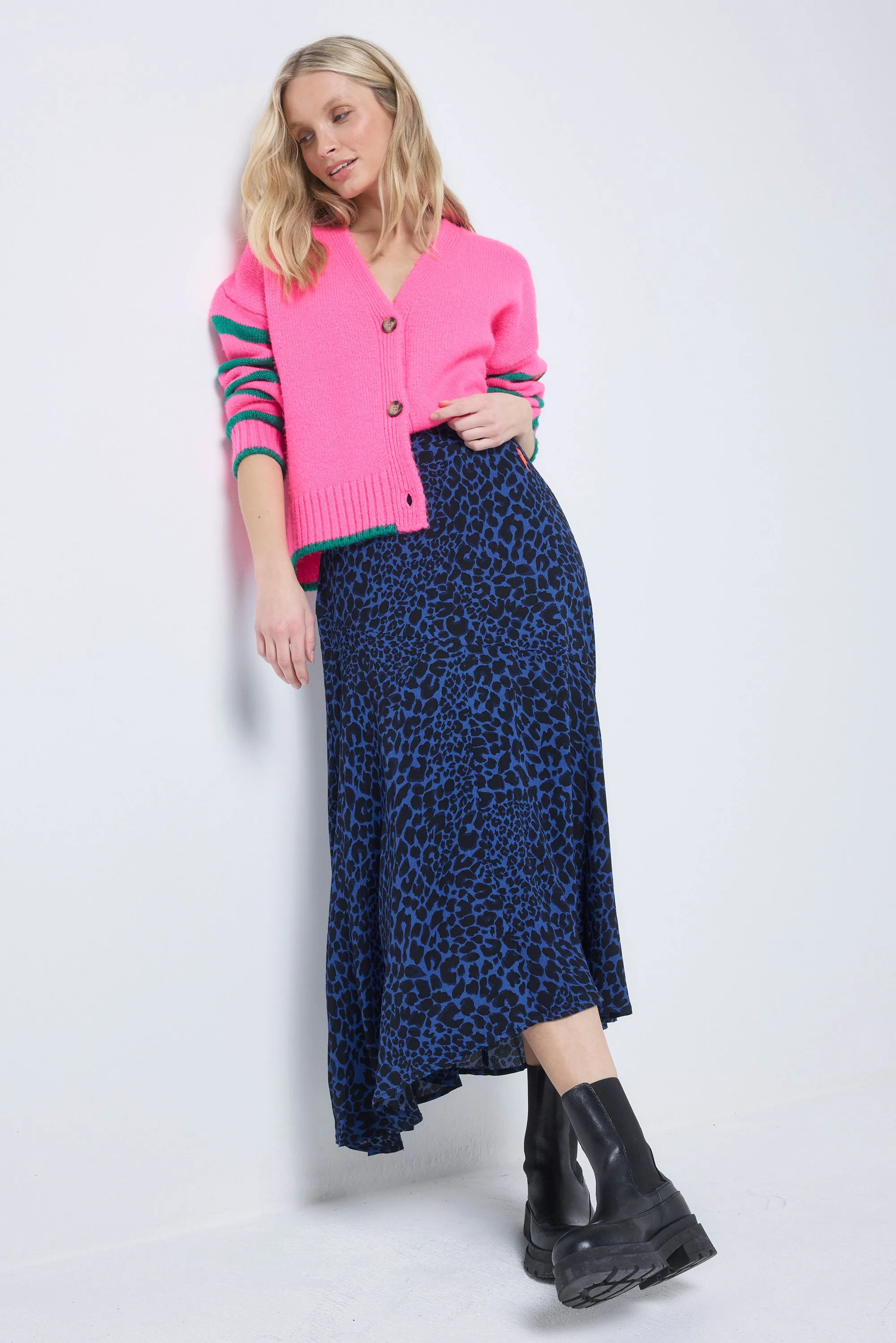 Navy with Black Rock and Roll Leopard High Low Hem Skirt Wool blend Simple Motion