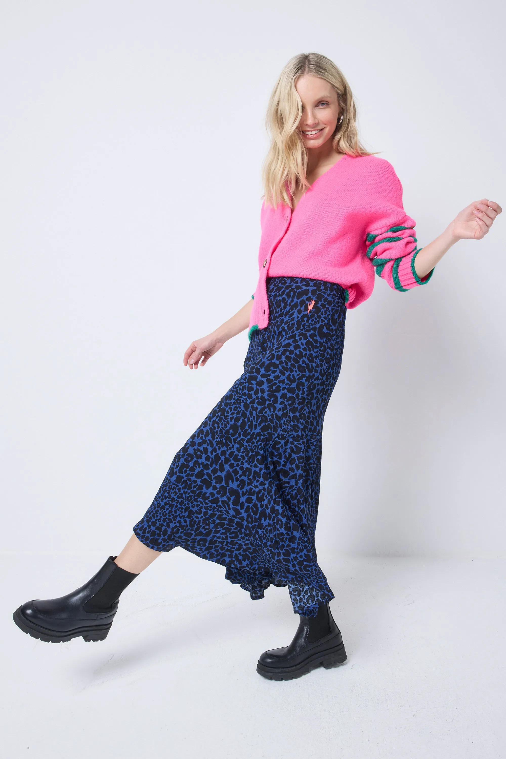 Detachable Tie Navy with Black Rock and Roll Leopard High Low Hem Skirt