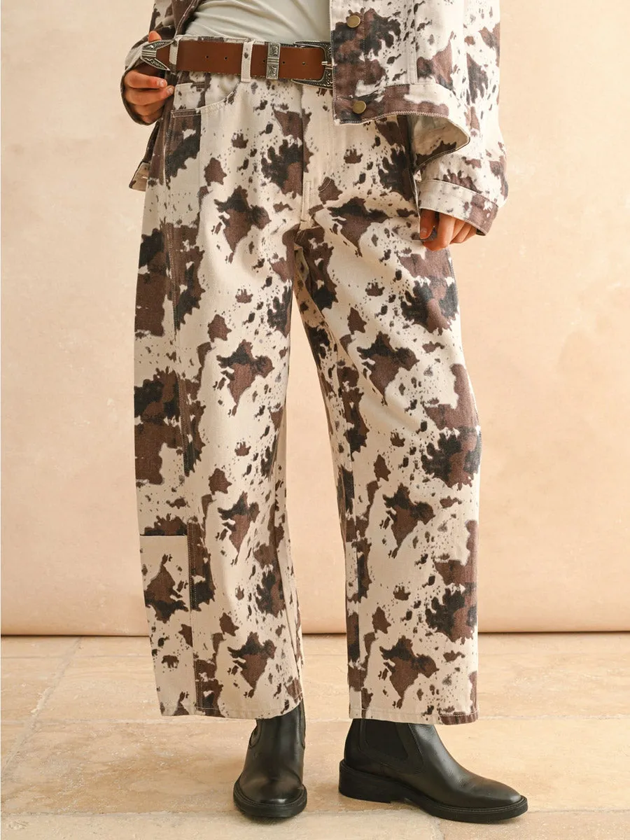 COW PRINTED BARREL JEAN Stretchable