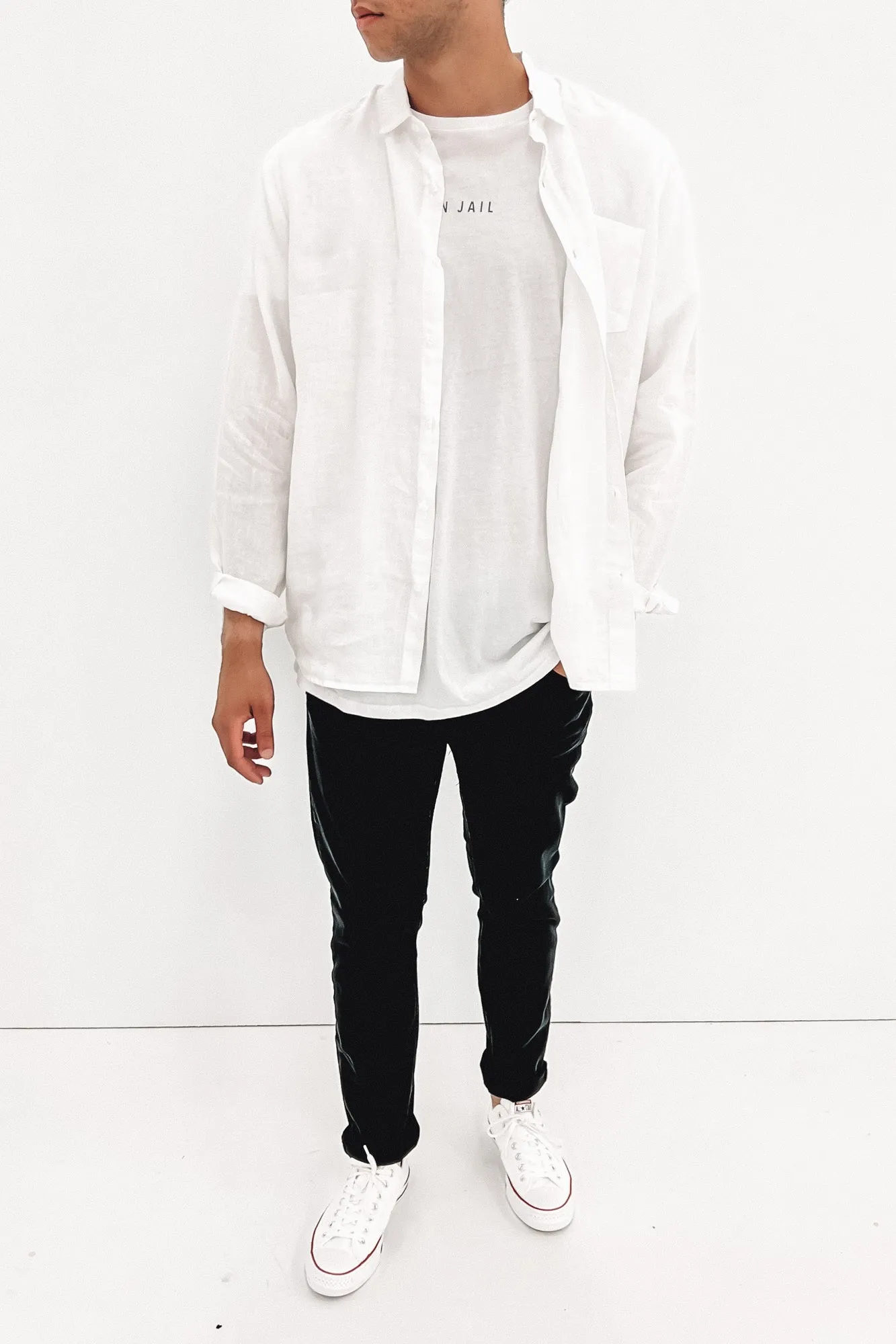 Flattering Drape Linen Long Sleeve Shirt White