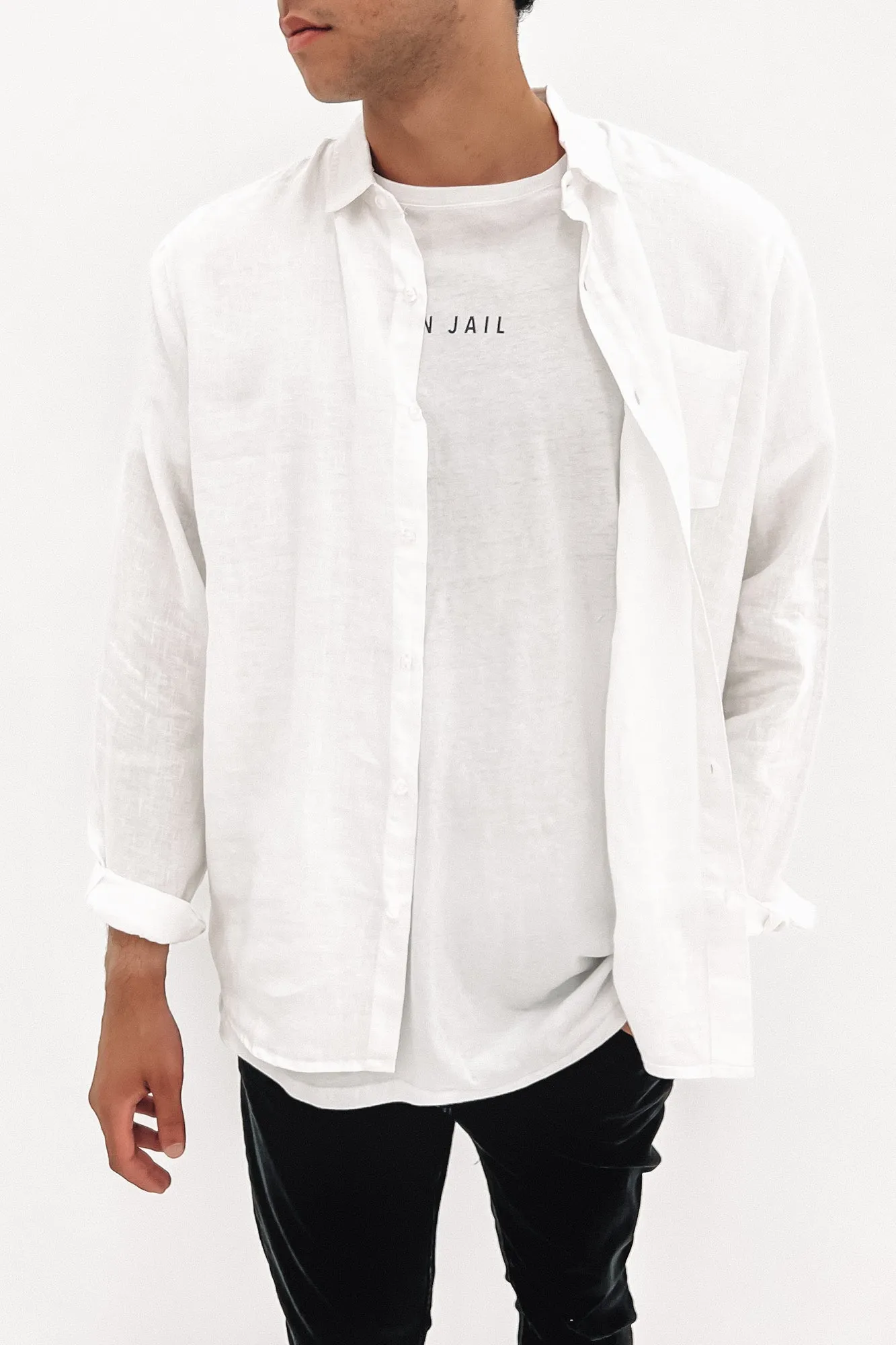 Linen Long Sleeve Shirt White Bonded Seam Technology PocketDetails