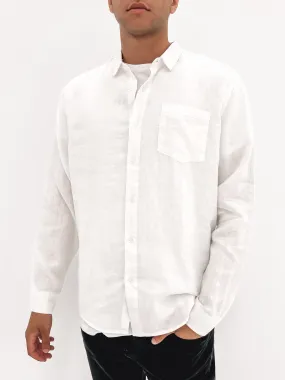 Linen Long Sleeve Shirt White Stretch Material Contrast Stitch Accent
