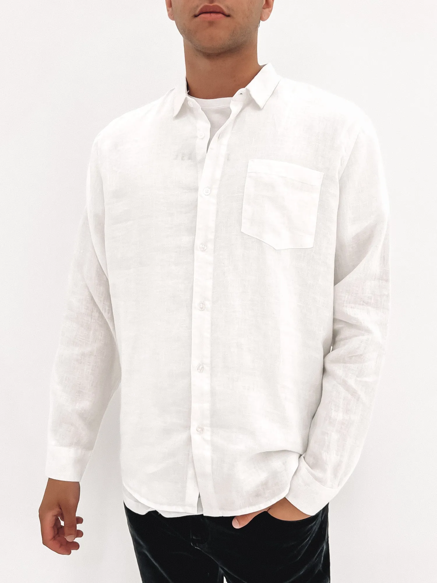 Linen Long Sleeve Shirt White Stretch Material Contrast Stitch Accent