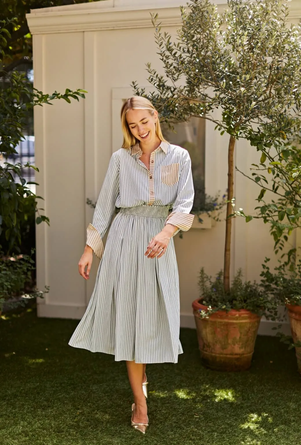 Smocked Waist MIDI Skirt - Deep Sea Stripe Wide fit Commuter Fit